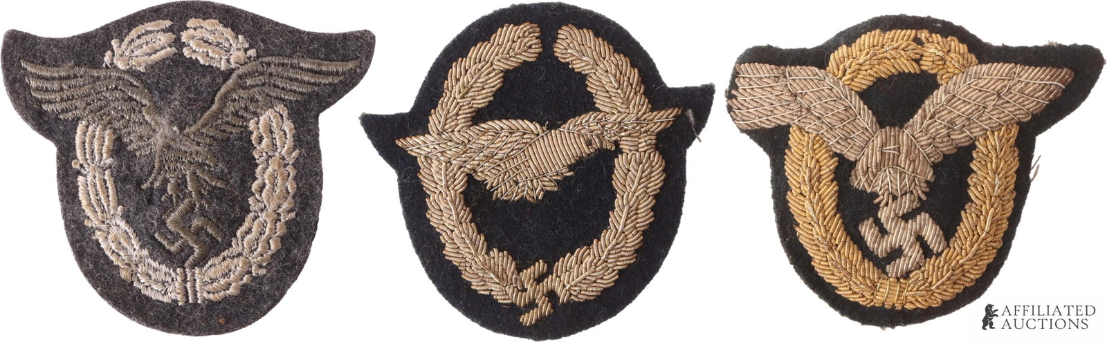 3 Luftwaffe Officer Uniform Patches WWII German: Patches include Luftwaffe: Pilot/Observer badge, Pilot badge, and Glider Pilot badge. Cloth construction with silver/gold bullion embroidery. Minor fluorescence on some threading of the pilot/observer