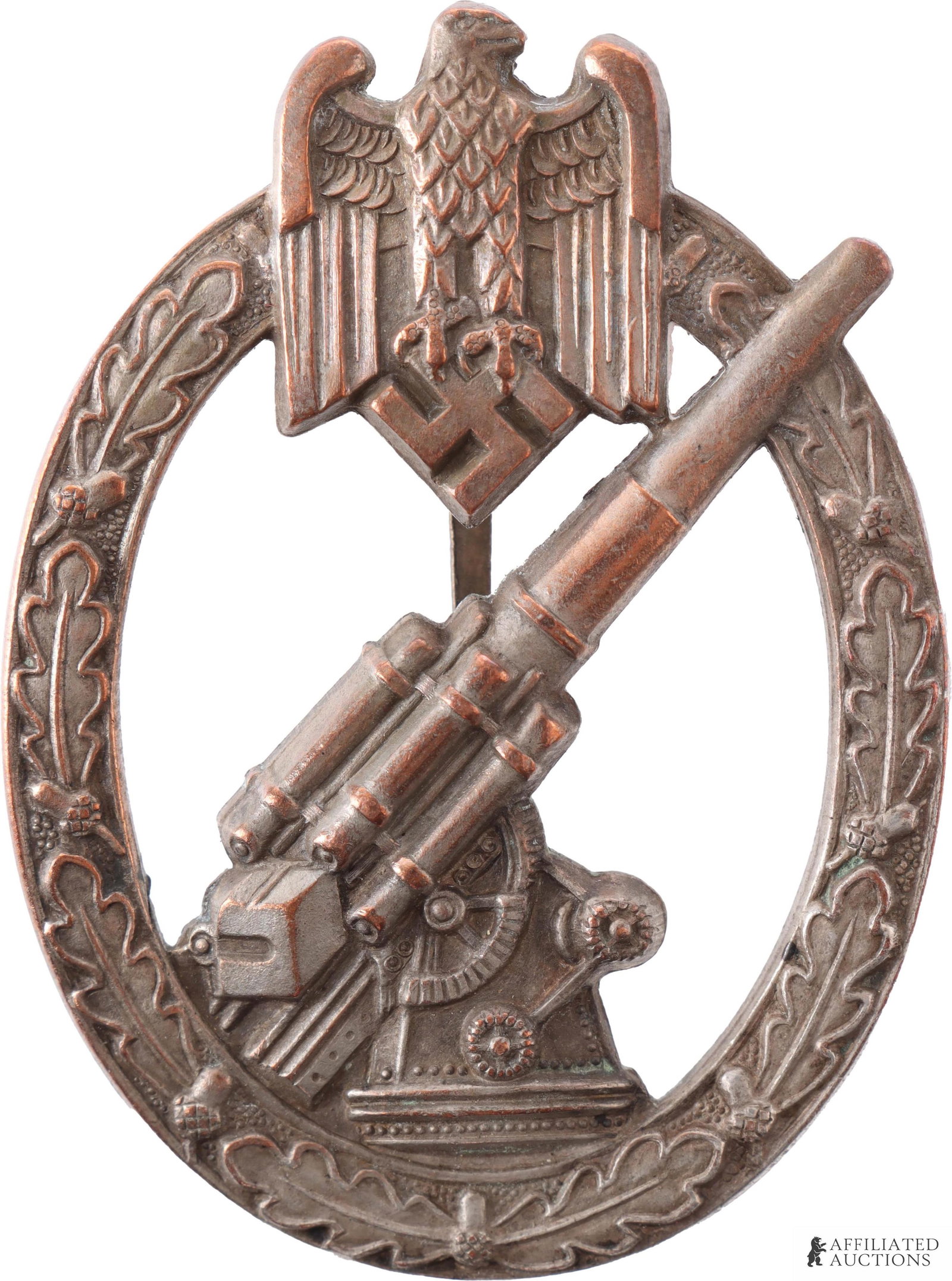 Heer Anti-Aircraft Flak Badge in Silver WWII: Original Heer Anti-Aircraft Badge in silver. Unmarked, probably Forster & Barth. Semi-hollow struck of copper-zinc alloy. Reverse has tapered with flat wire catch. Height 60mm. Width 44.5mm. Gross wei
