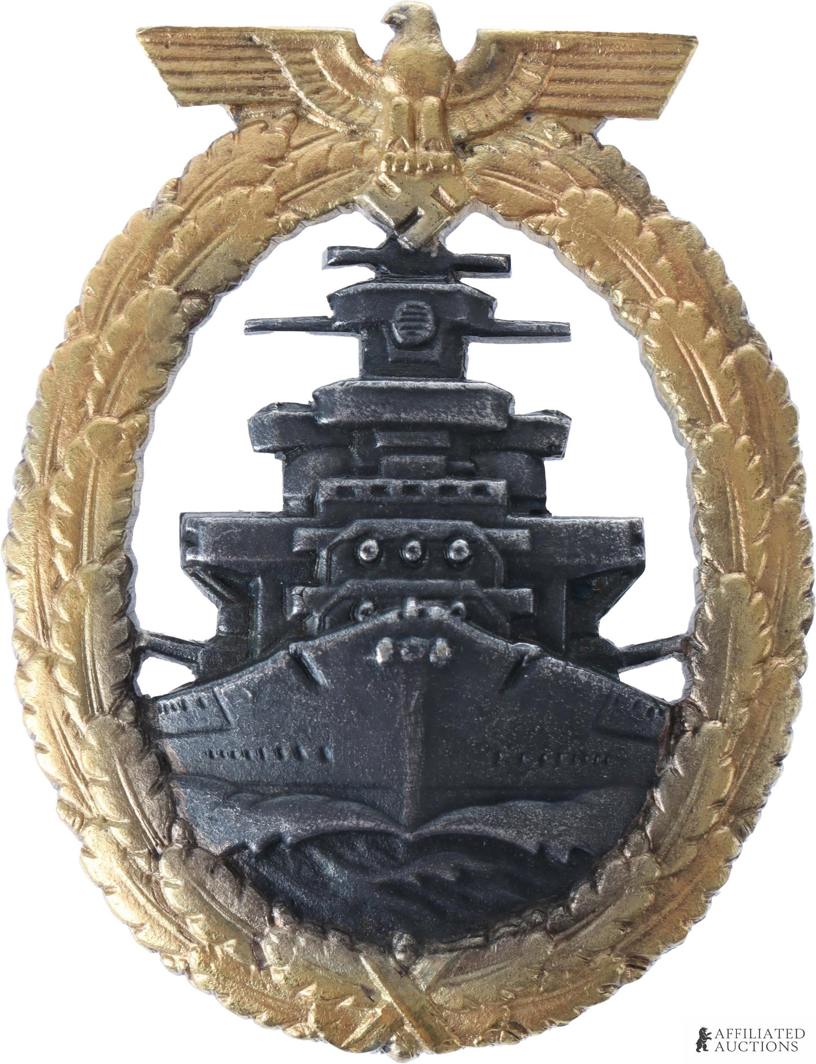 Kriegsmarine High Seas Fleet Badge WWII German: A WWII Kriegsmarine High Seas Fleet badge, stamped '20' on the pin. Measures 2 x 1-3/4 inches. Gross weight 34.5 grams.