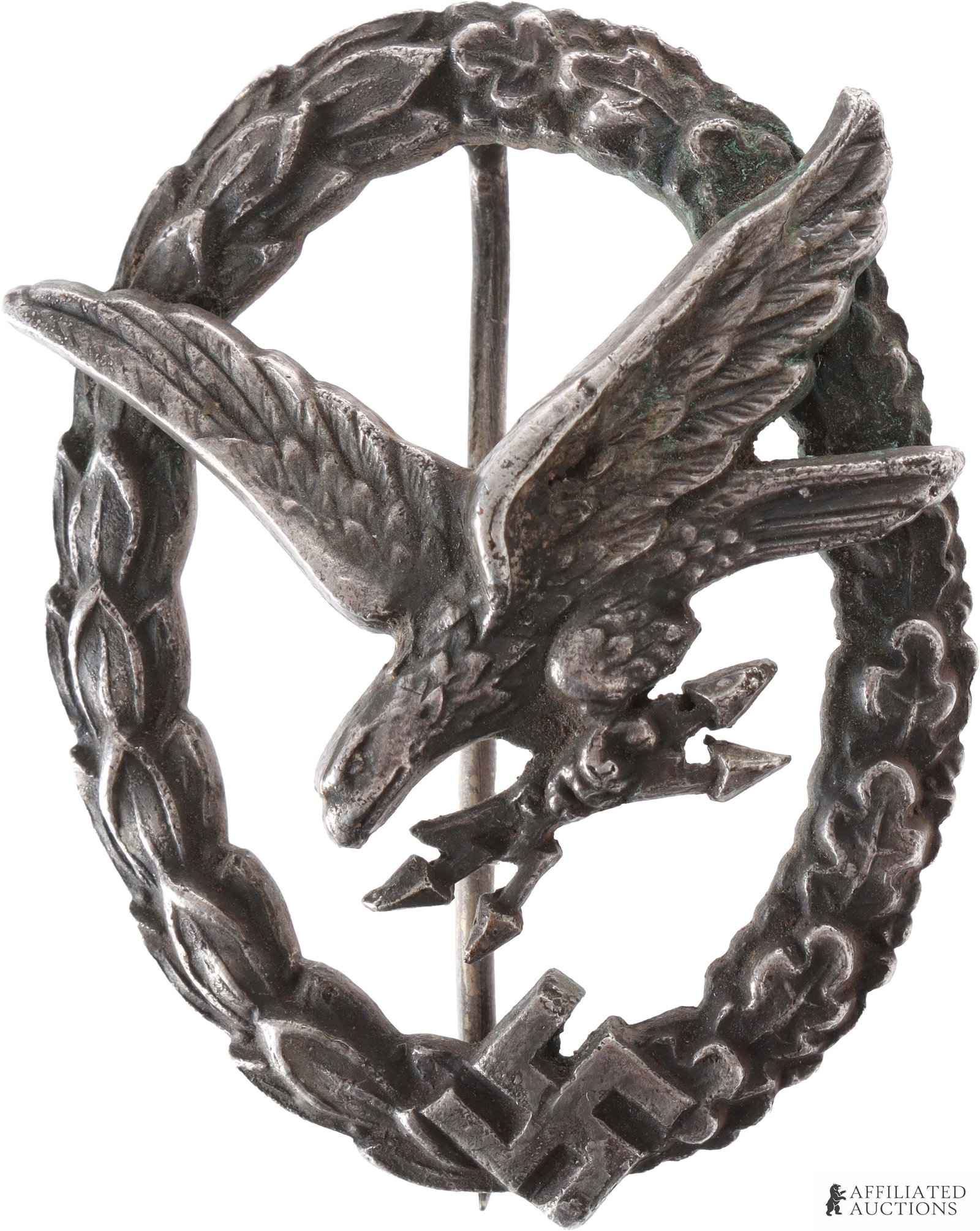 Luftwaffe Radio Operator Badge WWII German Reich: A WWII Luftwaffe Air Gunner Radio Operator badge, marked on the reverse with 'W Deumer Ludenscheid'. Measures approximately 2-1/4 x 1-3/4.