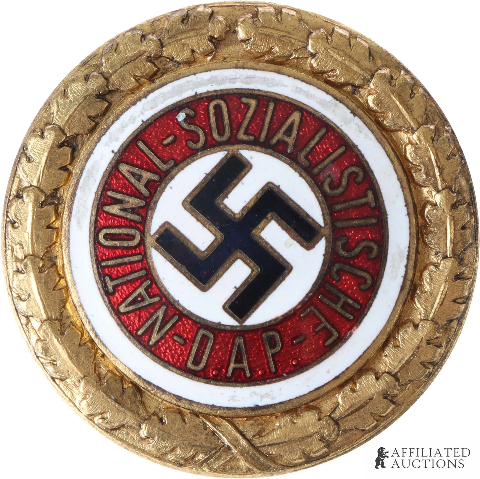 NSDAP Party Pin Small Size WWII German Third Reich: A gold-colored NSDAP party pin, marked on reverse '2064'. Diameter 1 inch.