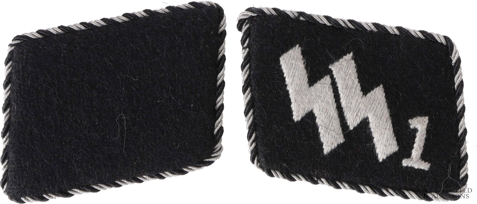 Schutzstaffel Standarte 1 Collar Tabs German SS: A pair of Schutzstaffel Standarte 1 collar tabs, with emblems in silver-white embroidery; edged in woven embroidery of black fabric and aluminum wire. Each tab measures 3 x 2.5 inches.
