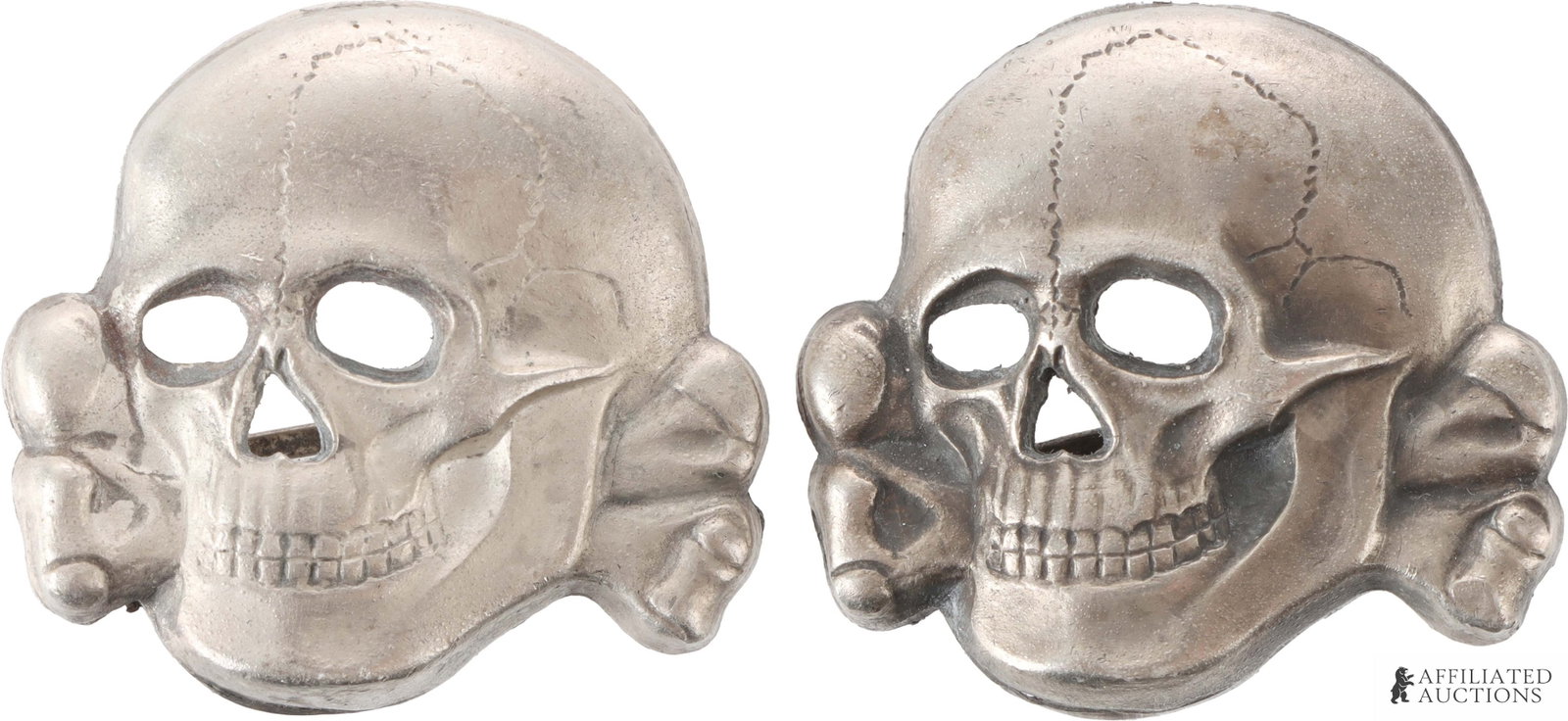 SS Officer Visor Totenkopf Pins WWII German Reich: Stamped RZM 499/41. Measure 29mm x 31mm. | This lot has a reserve.