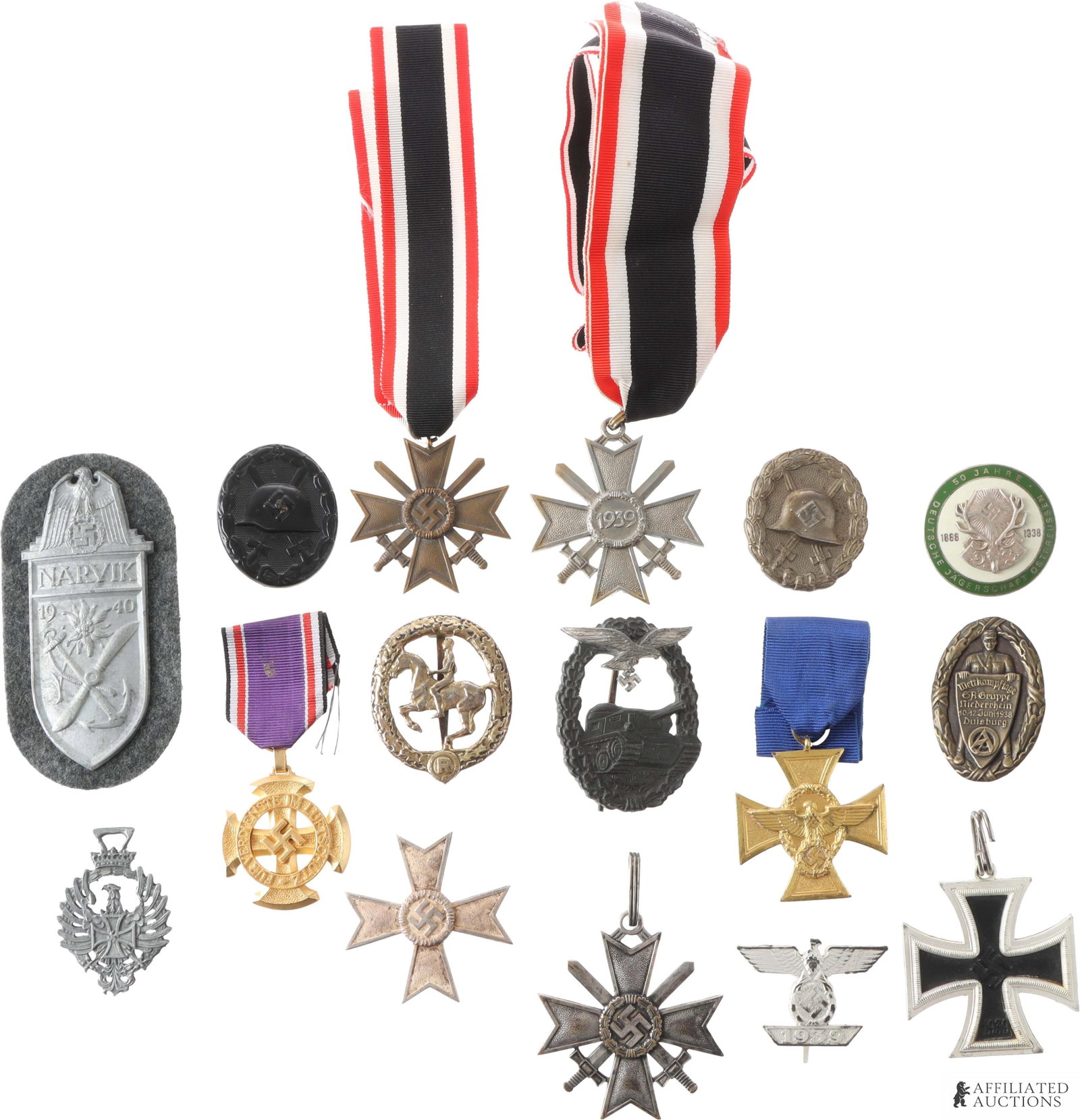 WWII German Badge & Tinnie Collection 15 Pcs: Personal collection of fifteen (15) Third Reich badges and tinnies. War Merit Cross, Narvik Shield, German Equestrian Badge, Wound Badge, Luftschutz and more.