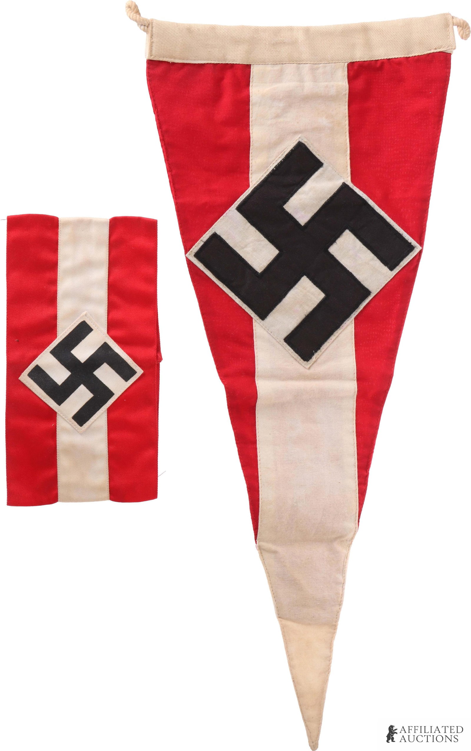 WWII German Hitler Youth Pennant with Armband: WWII Hitler Youth Pennant With Hitler Youth armband. Pennant measures 9.5in x 22in. Armband measures 5in x 9in. | This lot has a reserve.