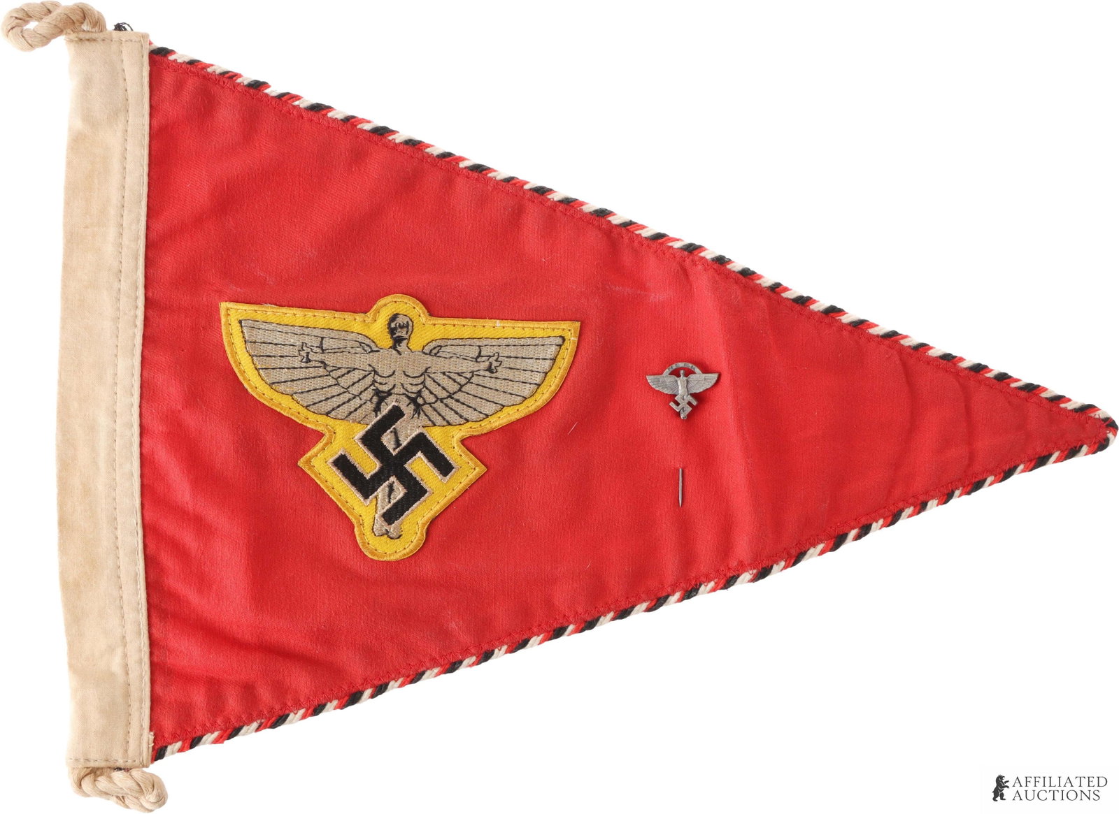 NSFK Glider Pennant Flag WWII German Reich: Double sided. Cloth construction. Winged man insignia with matching pin. Measures 10in x 14.5in. | This lot has a reserve.