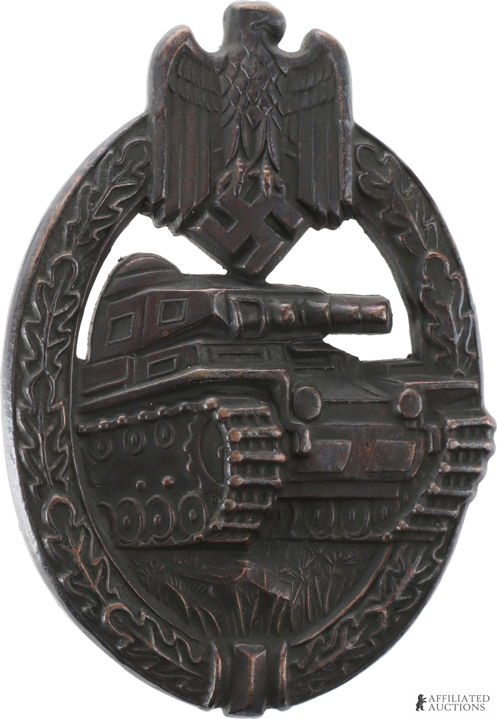 Panzer Assault Badge in Bronze WWII German: Bronze grade. Stamped 'HA' for Hermann Aurich make. Measure 60.5mm x 42.5mm. | This lot has a reserve.