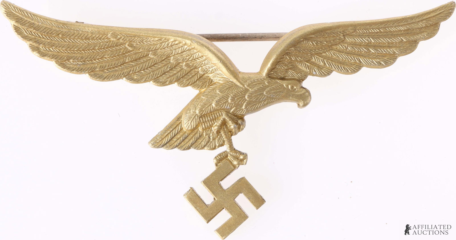 Luftwaffe General Breast Eagle Assmann WWII: A Luftwaffe General's breast eagle; the pin-back style was used with summer or tropical uniforms. Stamped on reverse with maker's mark 'A', indicating manufacture by F.W. Assmann & Sohn. Measures 3 1/