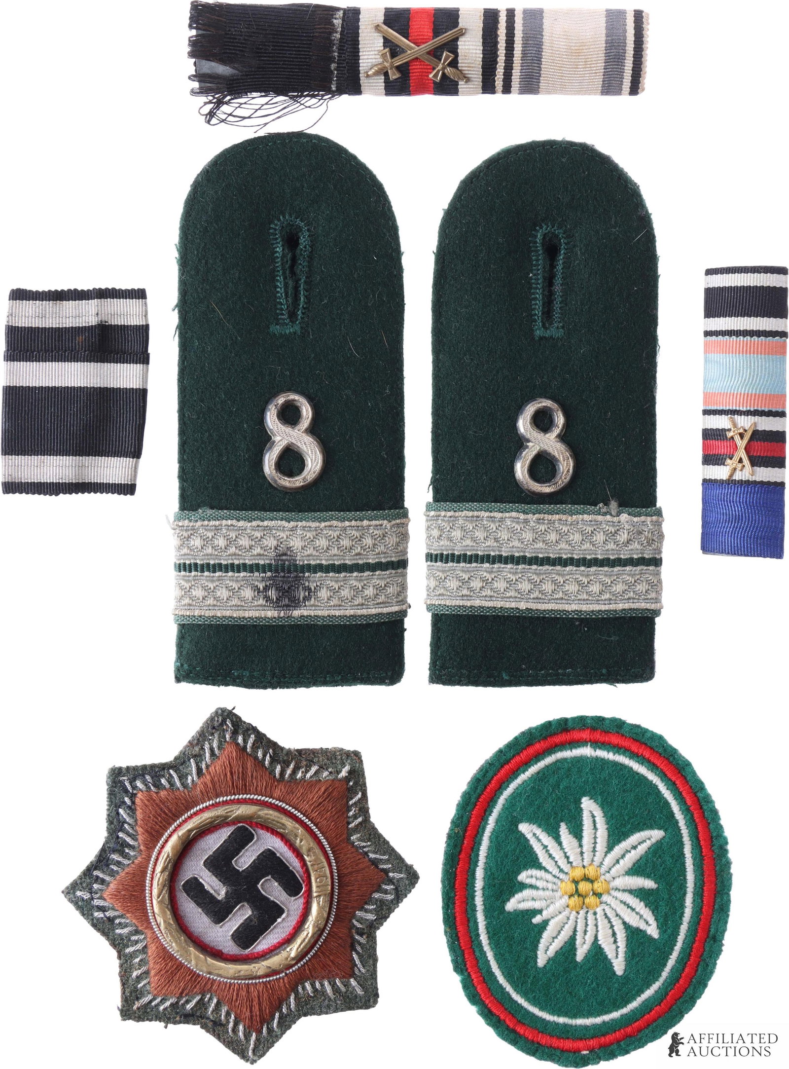 WWII German Shoulder Boards & Patches Lot of 6: Lot of six (6) pieces. Includes pair of Heer shoulder boards of green wool with two silver bands and "8" split-pin cyphers, embroidered German Cross patch, Edelweiss patch, two ribbon bars and black r