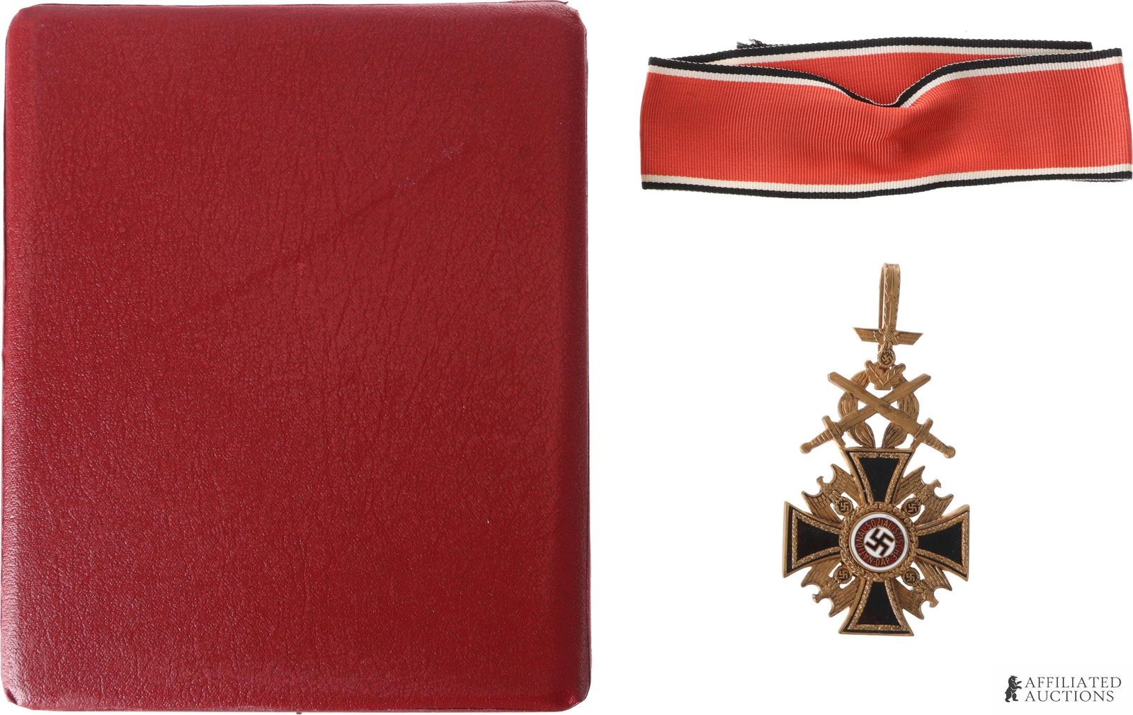 Order of the Dead Knights Cross WWII German NSDAP: A WWII NSDAP "Order of the Dead" Knight's Cross with ribbon in its 6" x 7 1/4" x 1" issue case. Marked on reverse of medal. | This lot has a reserve.