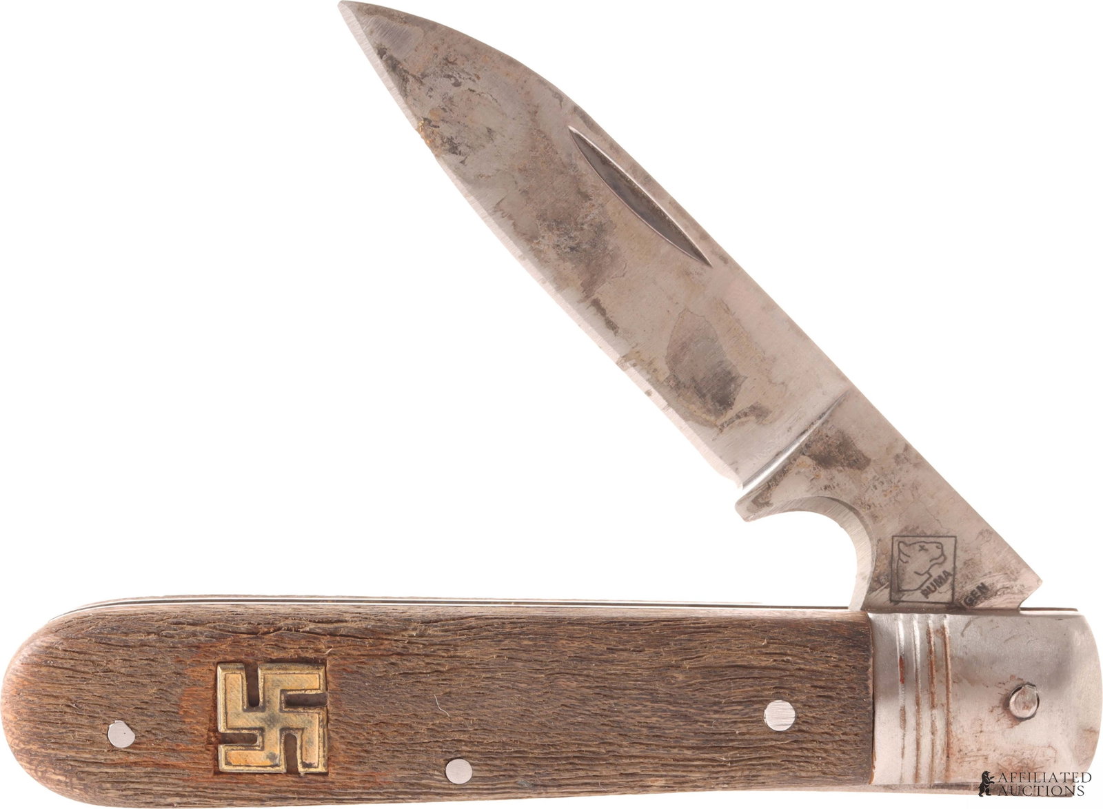 Pocket Knife with Swastika Emblem WWII German: A pocket knife bearing the Swastika of the NSDAP of the German Third Reich. Wood grips, single blade. Puma marked. When opened the total length is 7.75 inches.