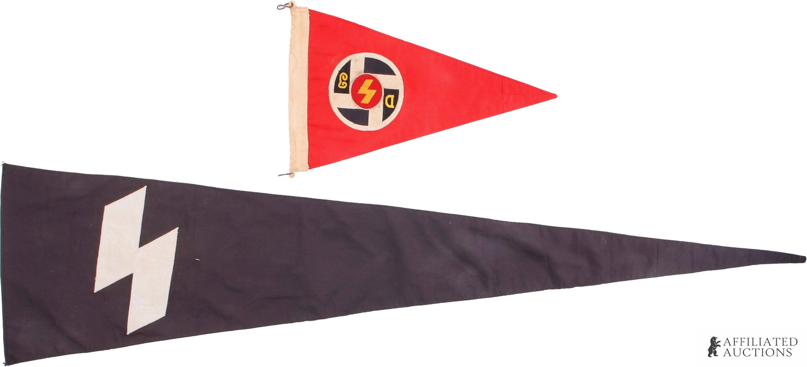 Hitler Youth DJ Pennants Lot of 2: One long black with single white rune and | the other a red event pennant. Enameled black DJ pin attached to the longer pennant. Black pennant measures 12in x 47in. Red pennant measures 10in x 16in. |