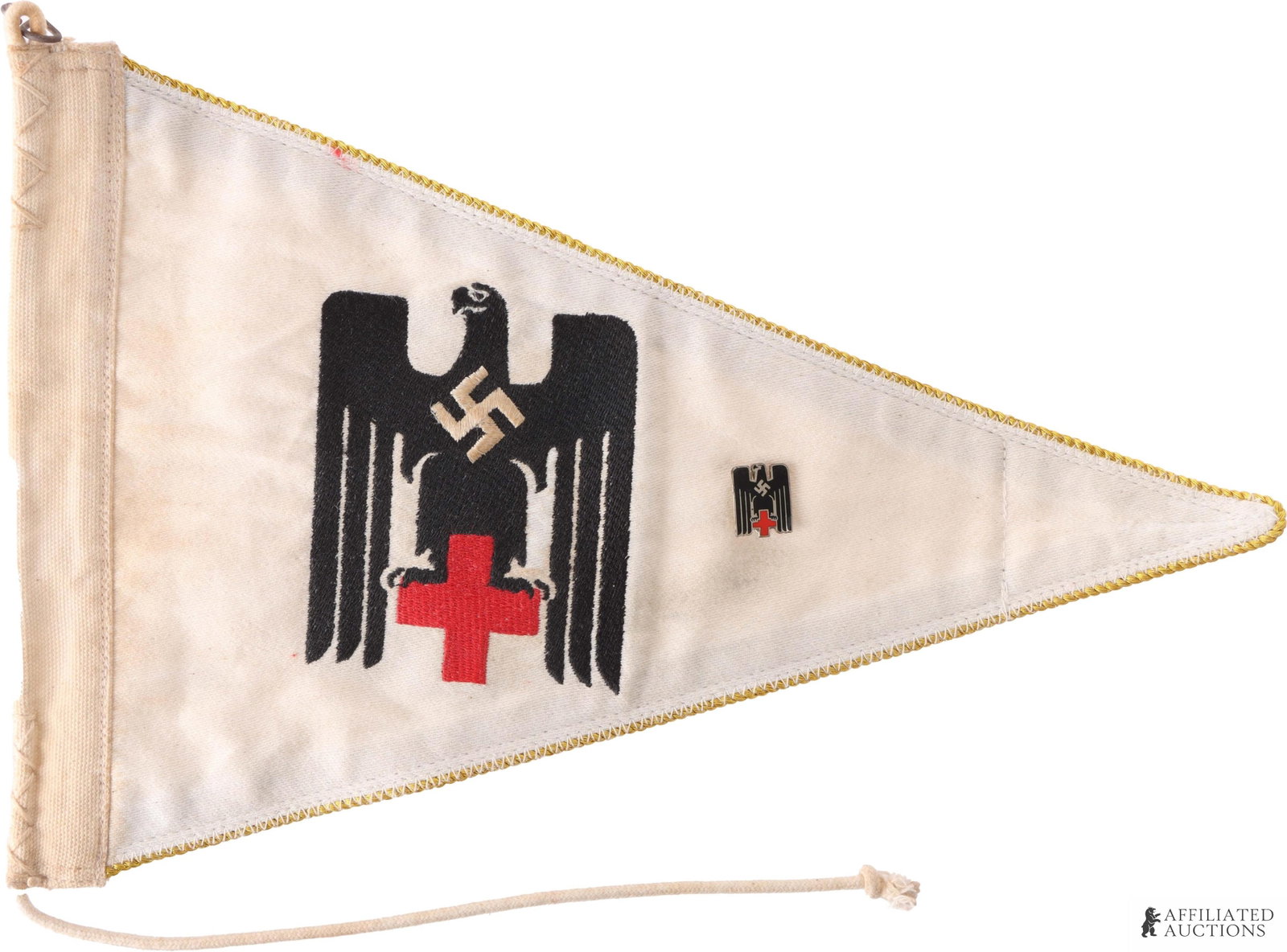 WWII German Red Cross Pennant & Enamel Pin: WWII German Reich Red Cross pennant with membership enamel pin. Pennant measure 9 x 13.5 inches. | This lot has a reserve.