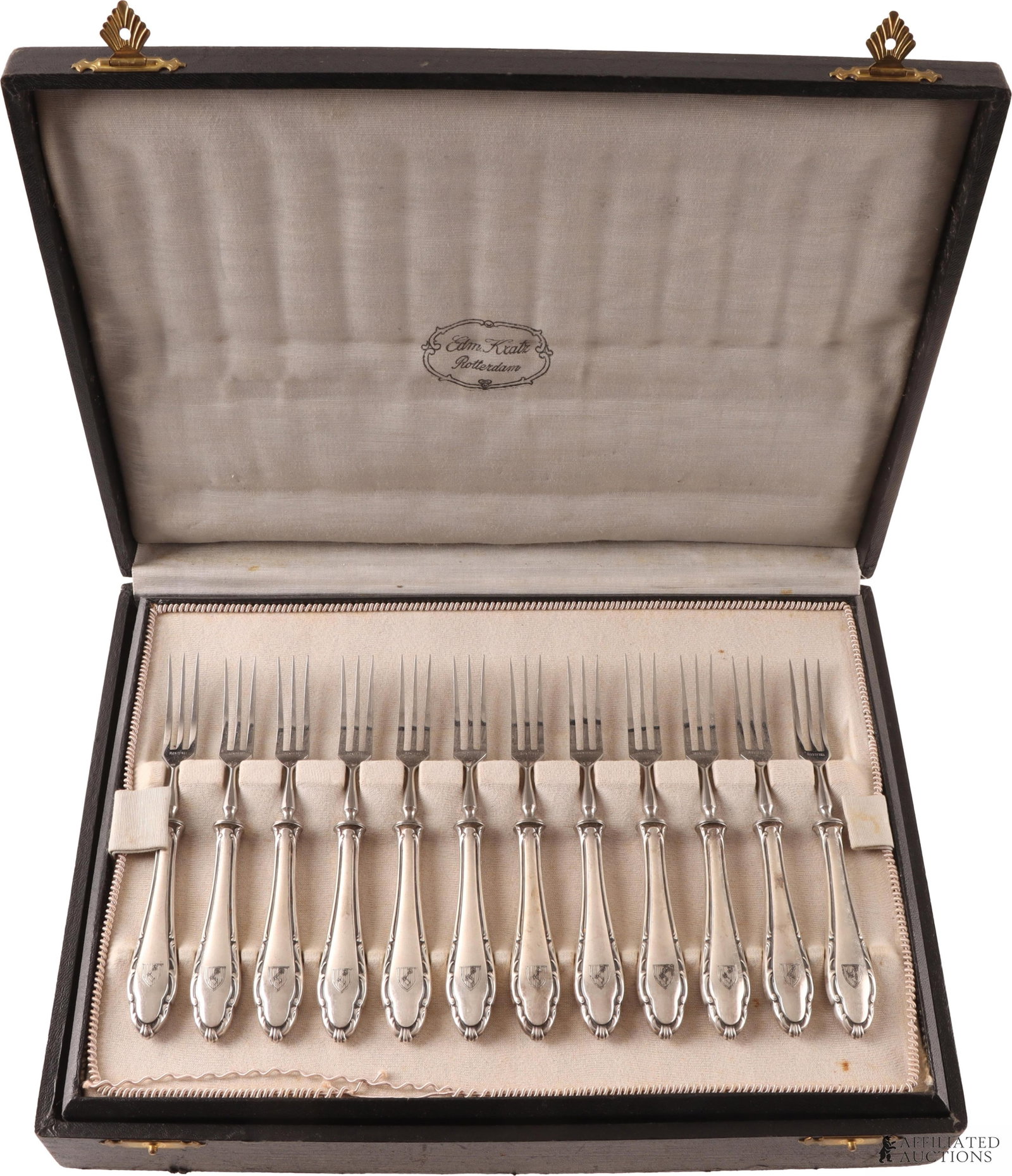 Hermann Goring Fork and Knife Set WWII German: Lot of 24 dessert forks and knives. Silver plated. Each feature the Goring family crest. The forks measure 5 7/8 inches and are marked "90". The knives measure 6 1/2 inches and are marked AWS Wellner 