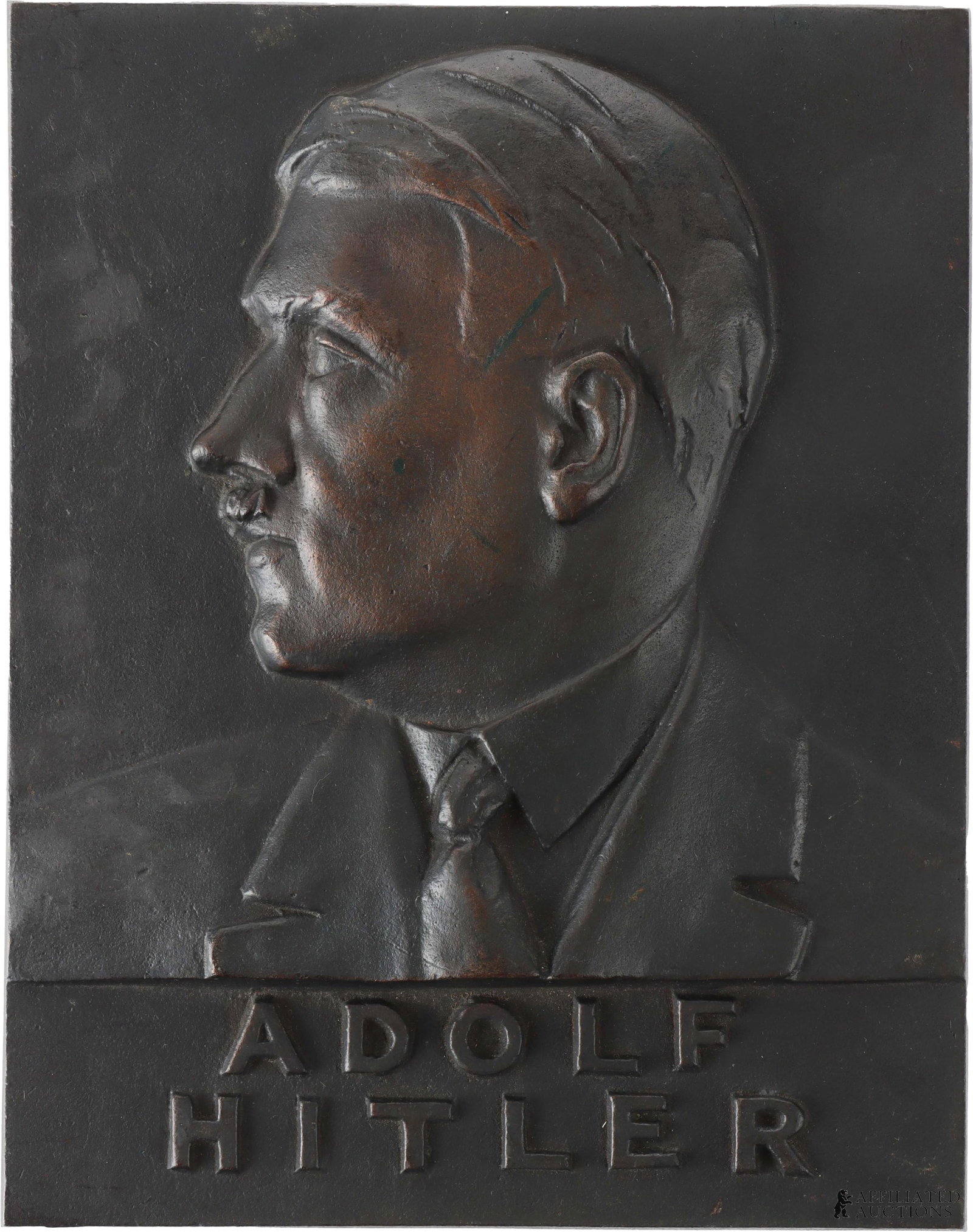 Adolf Hitler Bronze Plaque WWII German Third Reich: A bronze plaque depicting German dictator Adolf Hitler. G encircled W foundry mark on back. 4.75x6 inches.