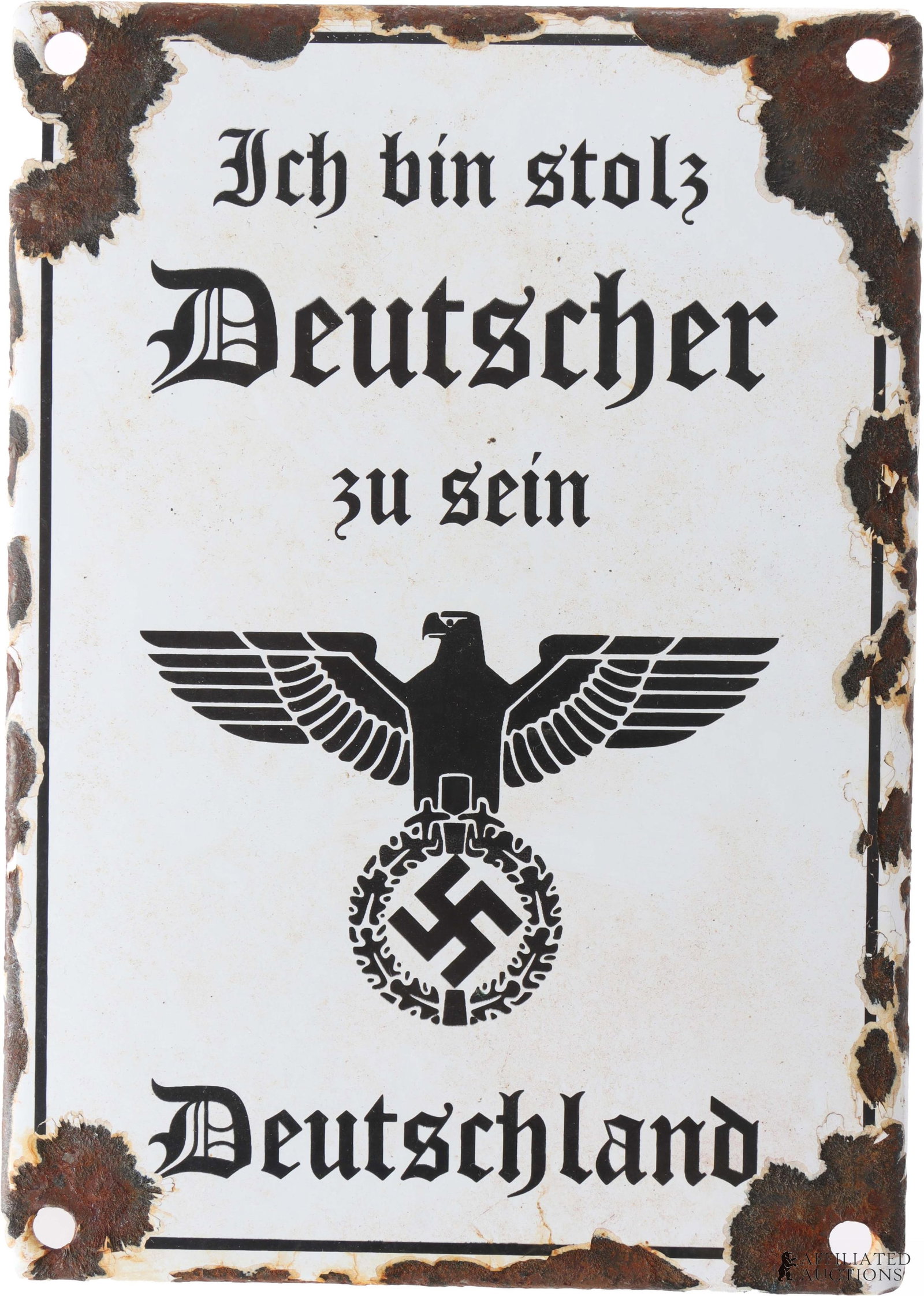 Porcelain Propaganda Plaque WWII German Reich: A porcelain propaganda wall plaque from World War II. Text translates to "I am proud to be a German". Measures approximately 5" x 6 3/4". | This lot has a reserve.