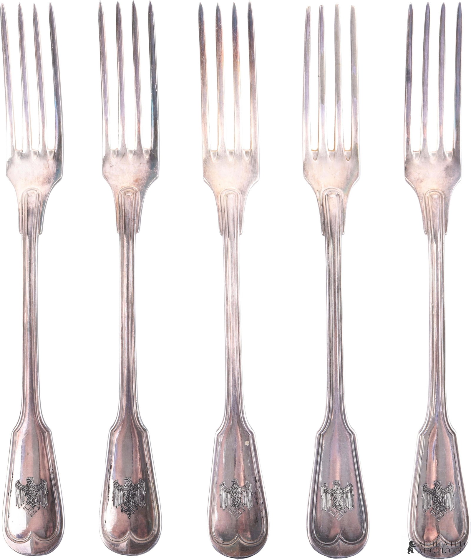 Lot of 5 WWII German High Command Dinner Forks: Lot of 5 with Heer eagle monogrammed and marked reverse "OKW Berlin". They measure 8 inches approximately. Silver plated. | This lot has a reserve.
