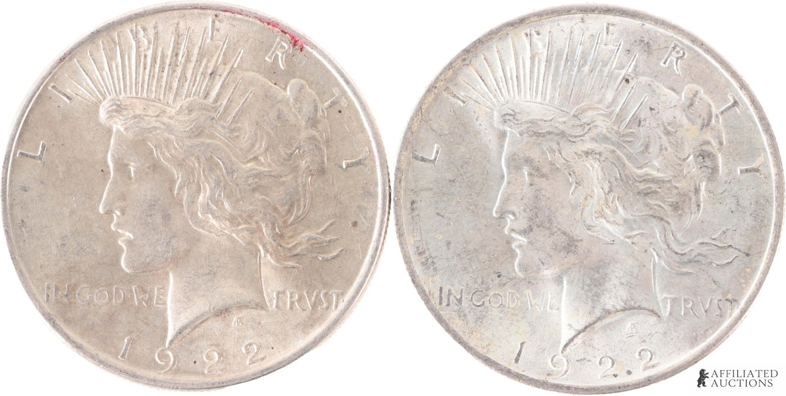 1922 United States Peace Silver Dollar Lot of 2: Two (2) 90% silver United States Peace silver dollars, both 1922, Philadelphia. Mint. Each coin contains .7734 of a troy ounce of silver, for a total of 1.54 troy ounces. | Metal: 90% silver | Country