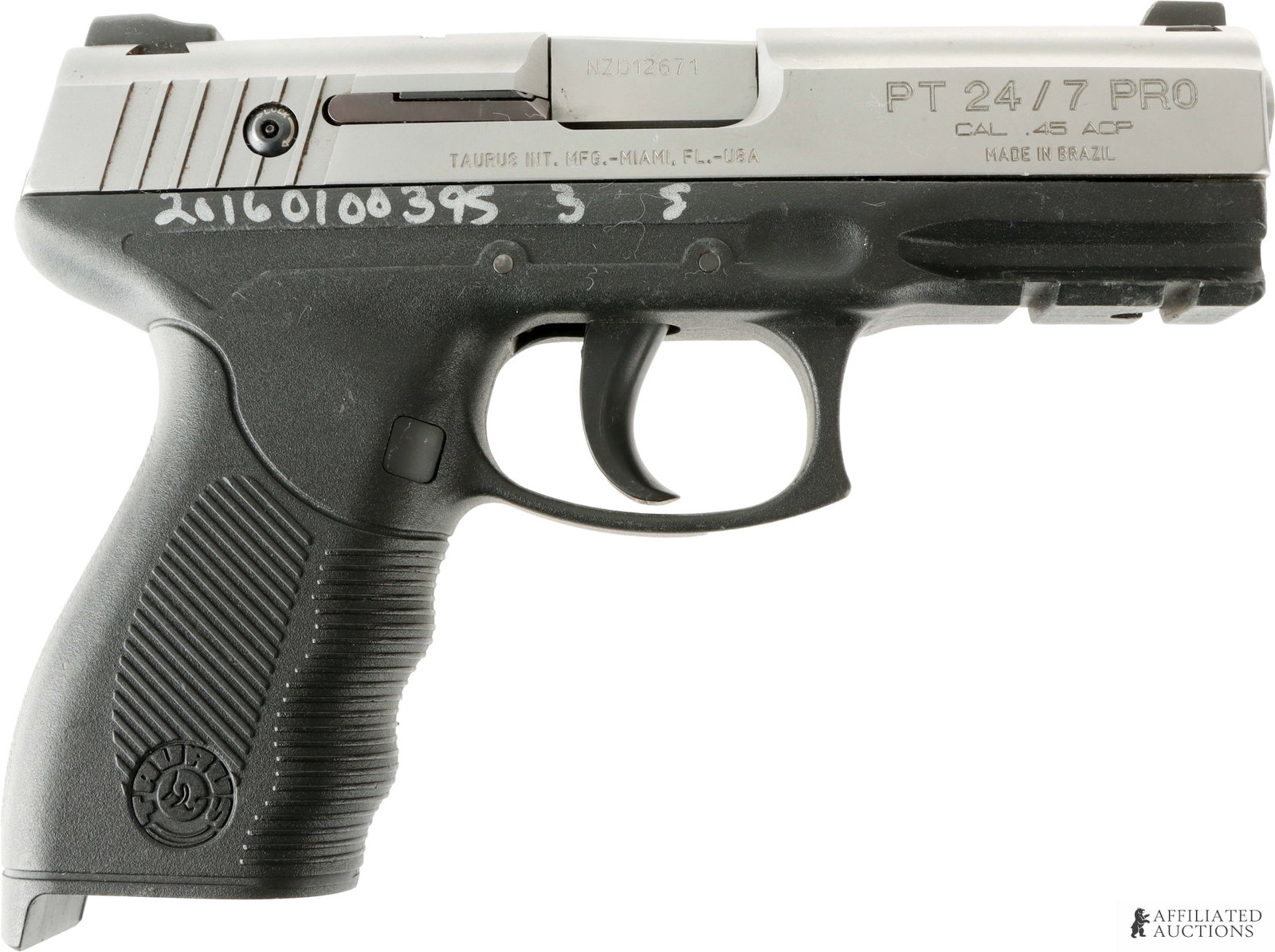 Taurus PT 24/7 Pro .45 ACP Semi-Auto Pistol: Taurus PT 24/7 Pro .45 ACP semi-automatic pistol. Stainless steel slide. Barrel length 3.5 inches. FFL required for transfer. | Caliber: 45 Automatic | Serial Number: NZD12671.