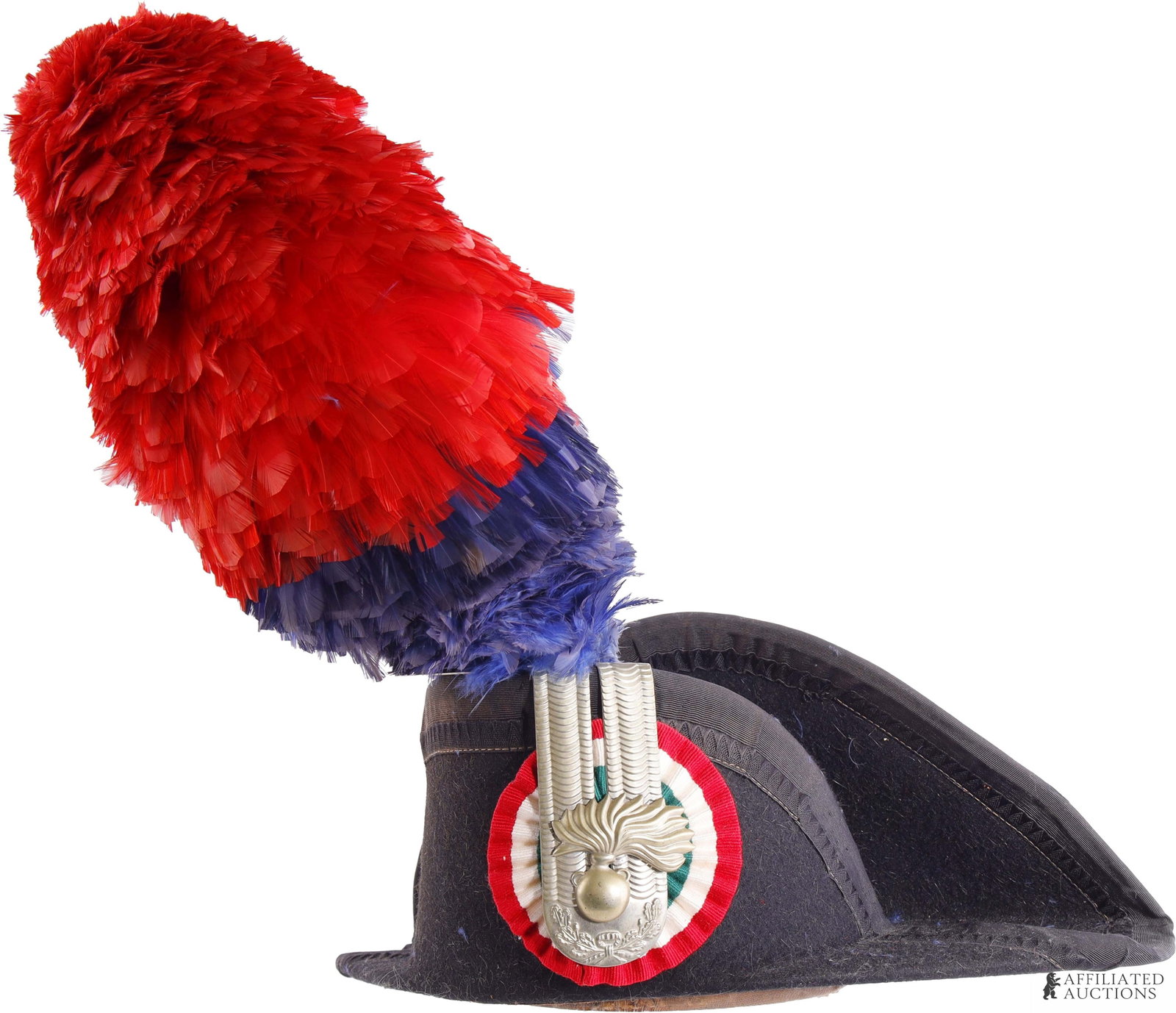 WWII Italian Carabinieri Ceremonial Bicorne Cap: A WWII-era Carabinieri ceremonial bicorne cap, referred to in Italy as 'Lucerna', with iconic red-and-blue feather plume intact. Inside circumference marked '58' (22 5/8 inches, US size 7 1/4). Black 