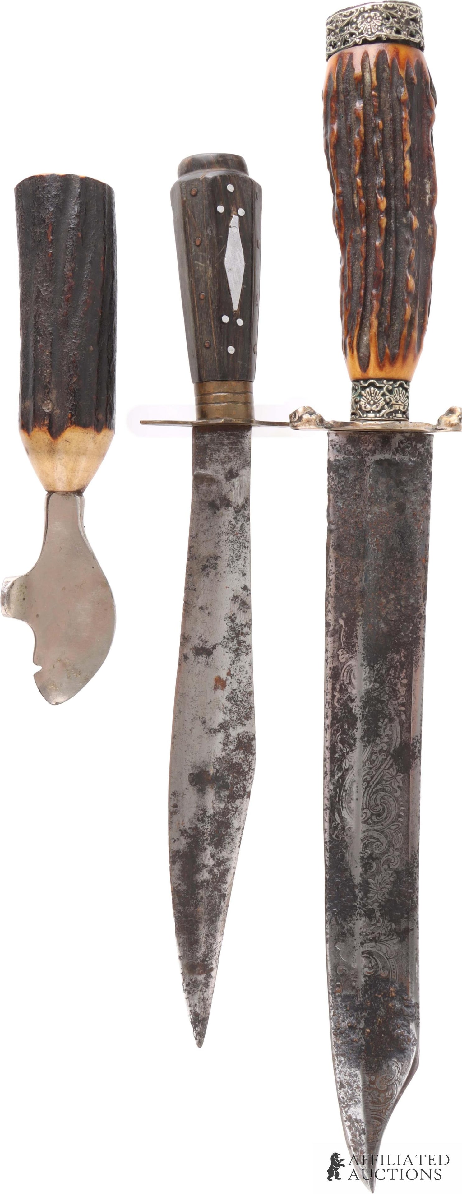 Antique Bowie Knives & Tobacco Box Pry Lot of 3: Lot includes the following: 1) a vintage cigar box opener with a bone handle, stamped with 'Compliments of Theobald & Oppenheimer Co.,' a cigar manufacturing company in Ybor City; 2) a 15 1/2" (10" pi