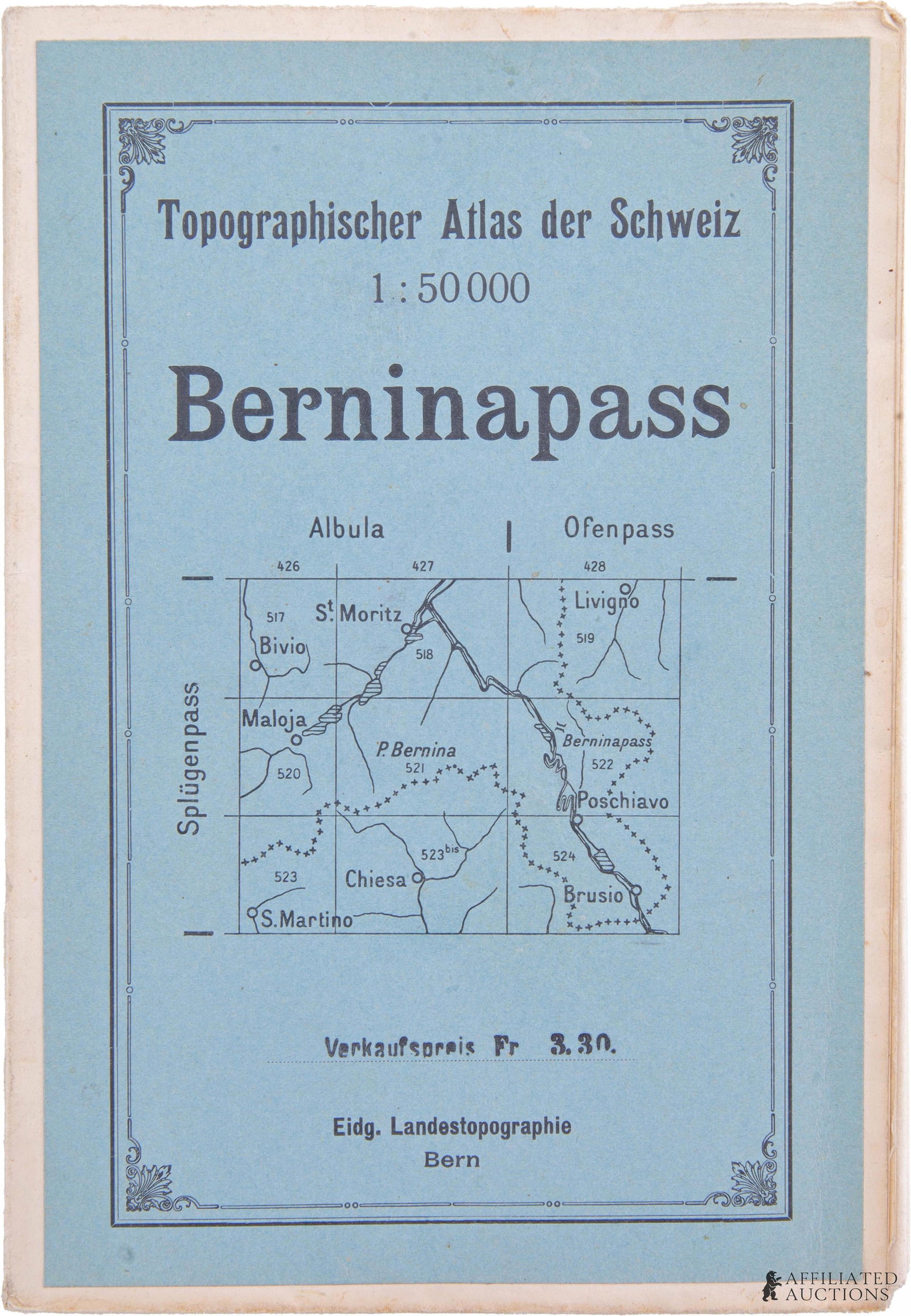 Linen Berninapass Folding Map WWII German Reich: A linen map of Bernina Pass ("Berninapass") that folds out. When folded, the map measures 7 1/2" x 5 1/4" x 1/4".