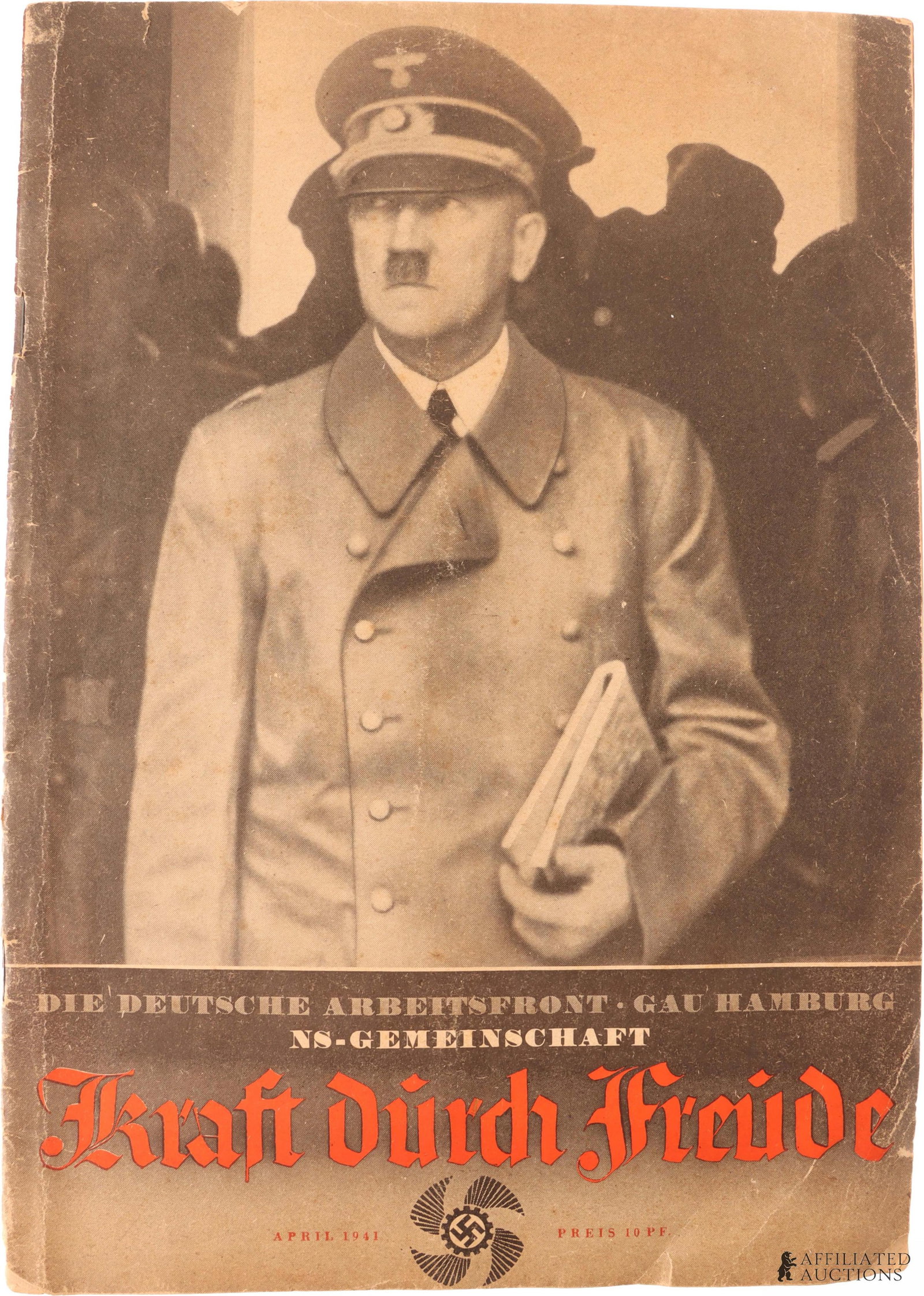 April 1941 KdF Magazine Adolf Hitler Cover Feature: An original print copy of the April 1941 issue of Kraft Durch Freude ("Strength through Joy") magazine, with an image of Adolf Hitler as the cover feature. Measures approximately 8 1/2" x 12".