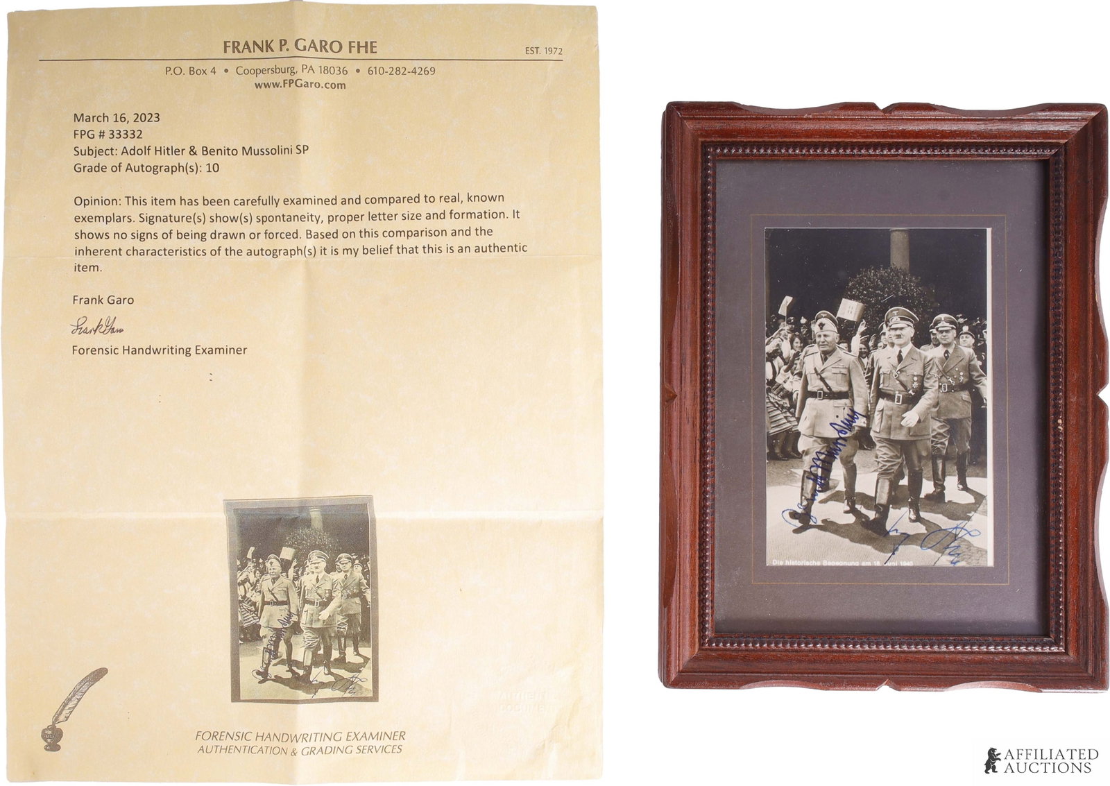 Adolf Hitler Mussolini Signatures with COA (1 of 7)