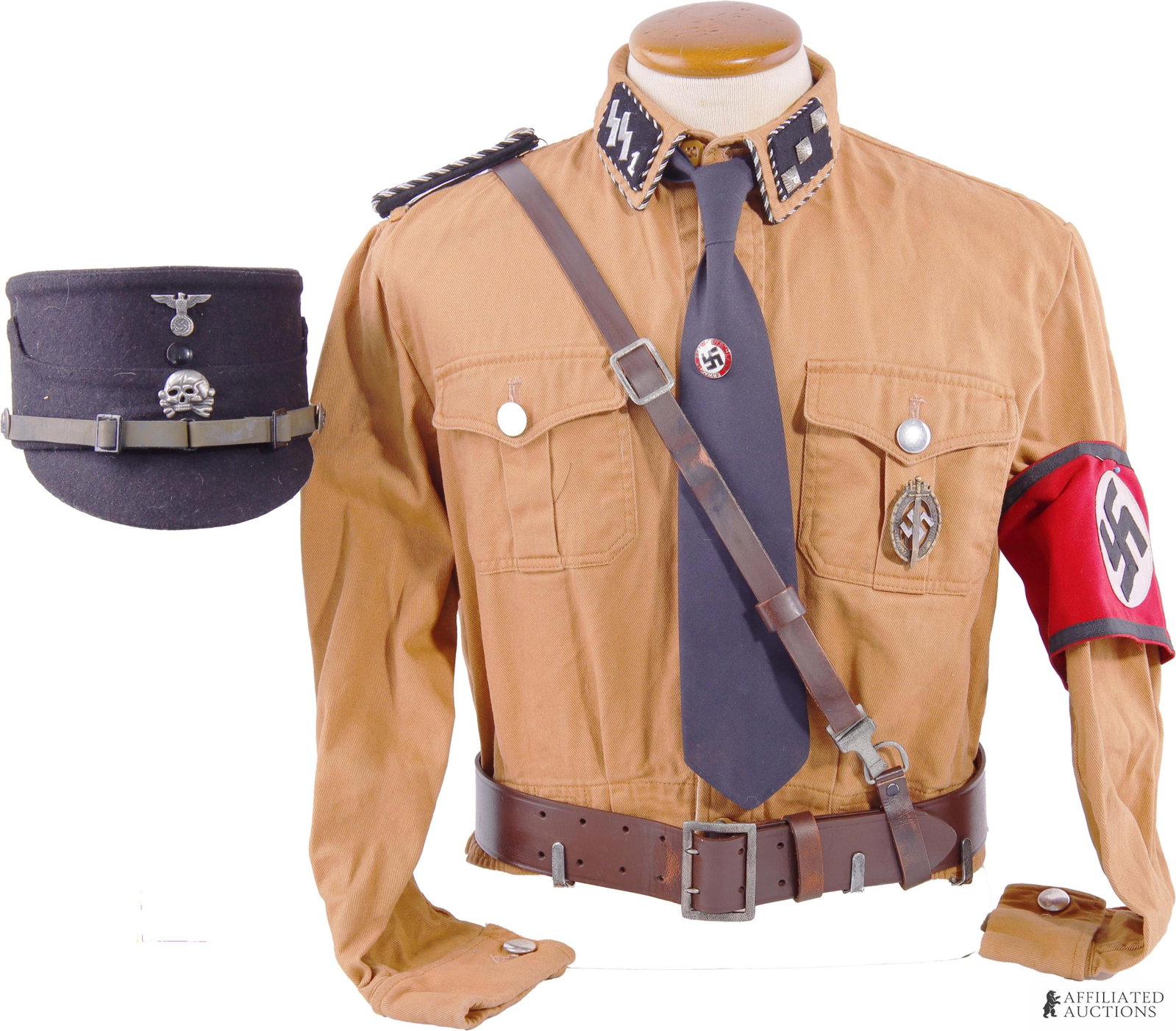 SS Brown Shirt Uniform Grimminger WWII Third Reich: A WWII German SA brown shirt uniform in the style of Jakob Grimminger, the infamous bearer of the Blutfahne. Includes the following: 1) size 44 brown SA shirt, 2) SS1 collar tabs, 3) shoulder board, 4