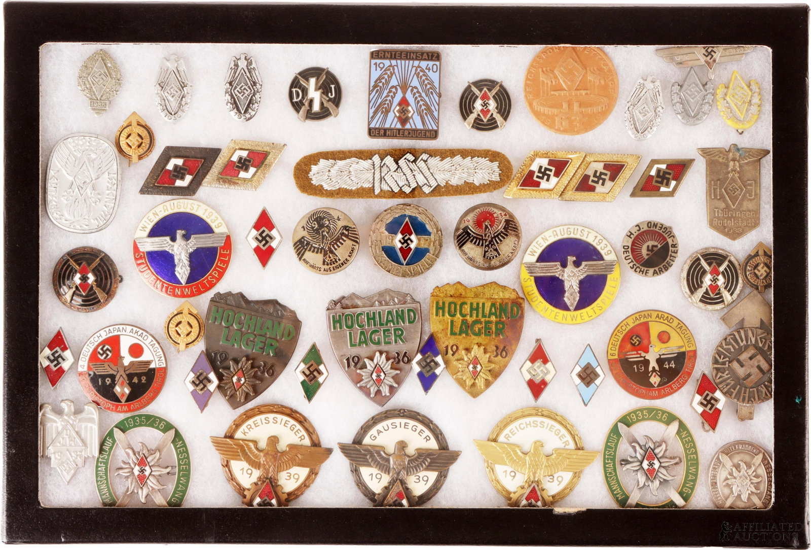 Hitlerjugend Badges & Tinnies Collection of 50: One riker mount filled with over fifty (50+) badges and tinnies associated with the Hitlerjugend of the German Third Reich. Includes marksmanship, hiking, leadership, and various other roles. Many of 