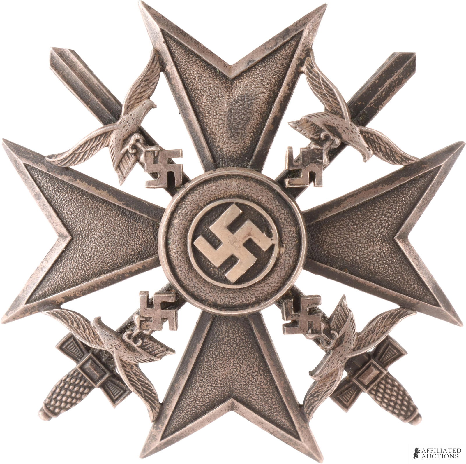 Silver WWII German Spanish Condor Legion Cross: Silver Spanish Cross with swords. Reverse marked L/66 for maker A.D. Schwerdt and 900 for silver purity. it measures 54mm. Multi-piece construction, deeply vaulted, and heavily detailed.