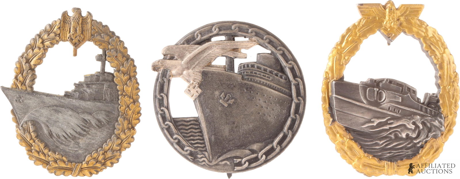 WWII German Kriegsmarine Badge Lot of Three: Lot includes an E-Boat War Badge, Blockade Runner Badge (51mm) , and Destroyer War Badge (53mm). Otto Placzek make on the Blockade Runner Badge. JFS make on Destroyer War Badge. The E-boat badge appea