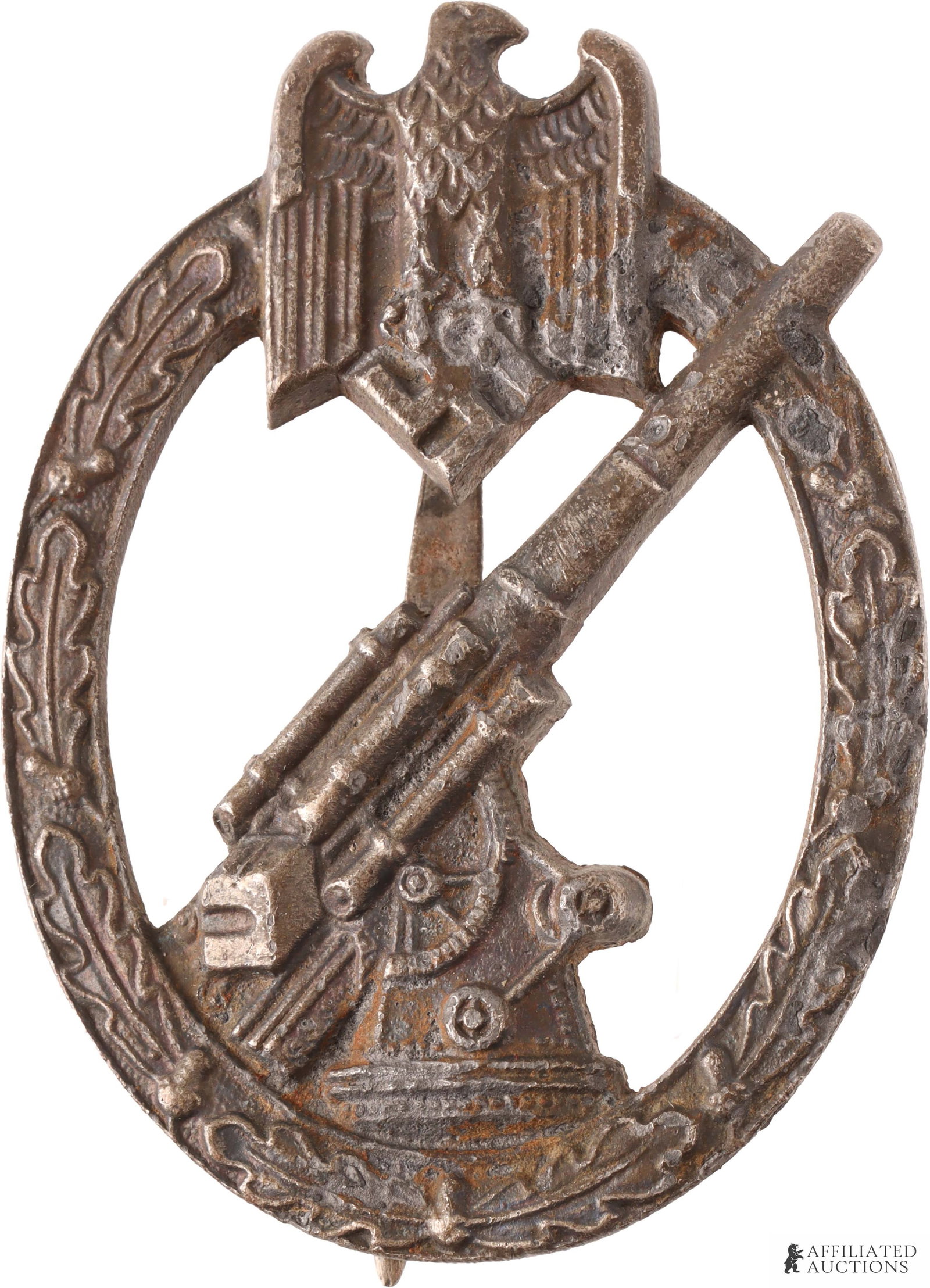 Heer Flak Badge WW2 German Third Reich Militaria: A WWII German Heer Flak (army anti-aircraft) badge. Reverse side bears L-code 'L/5' which corresponds with Walter & Henlein. Pin-back badge measures approximately 2 1/4 inches x 1 3/4 inches and weigh