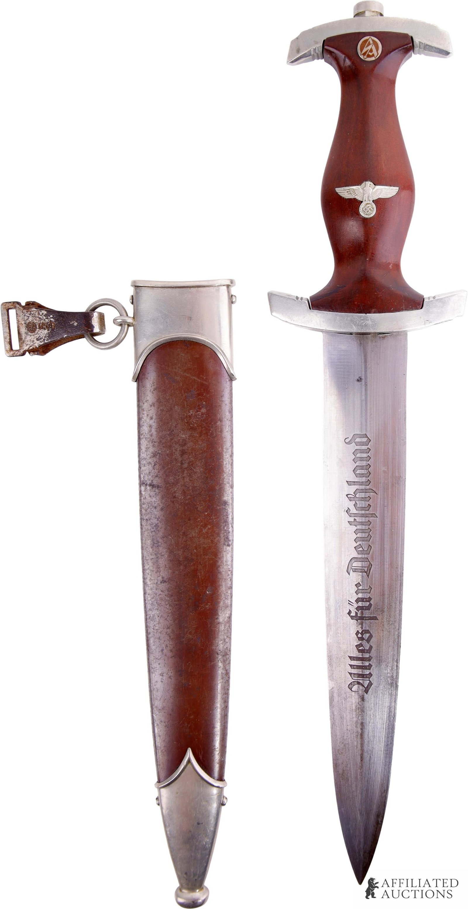 Full Rohm SA Dagger WWII German Reich: Unground full Rohm acid etched SA dagger. All nickel fittings with near perfect grip to cross guards fit. Unit marked Wf. Inlaid eagle and SA runes on handle. Blade is nicely acid etched with Alles Fu