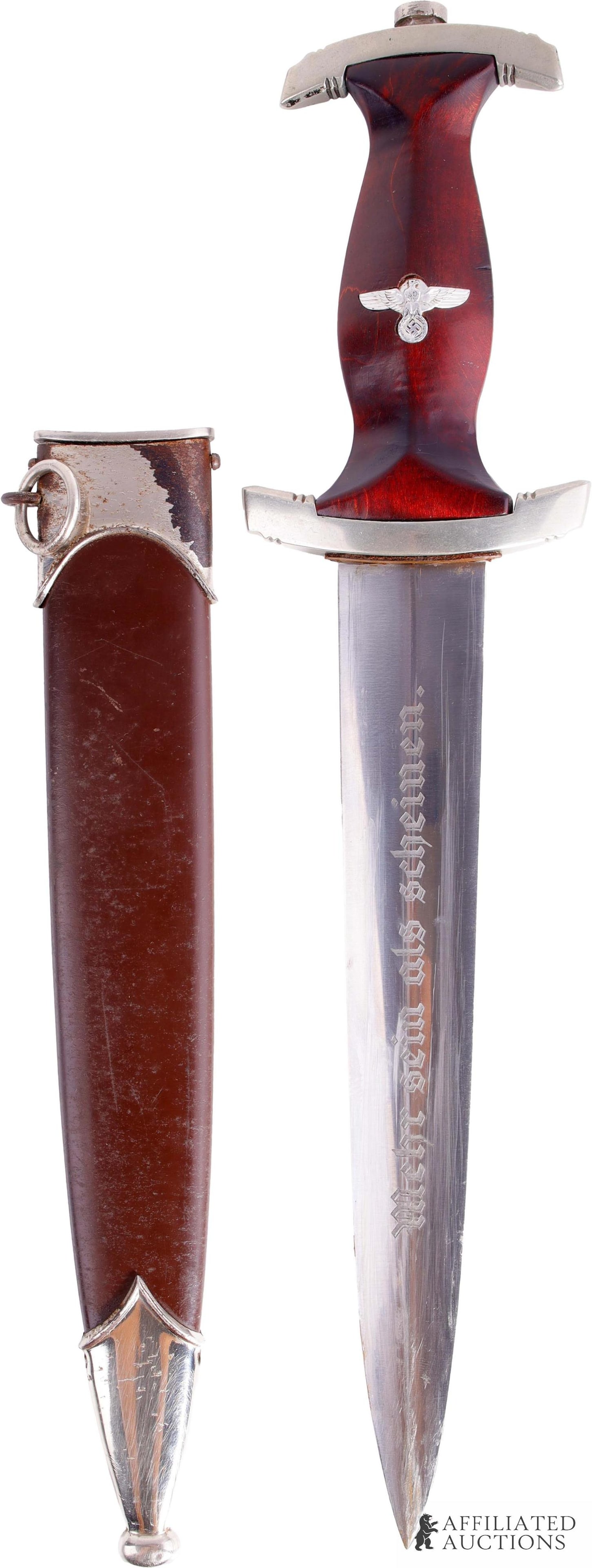 Student NPEA Dagger WWII German Reich: Steel blade with nickel cross guards and wood grip. Standard acid etched motto. Inlaid Karl Burgsmuller make. It measures 13 3/8 inches. Nice cross grain on blade. Benchmark on cross guard.