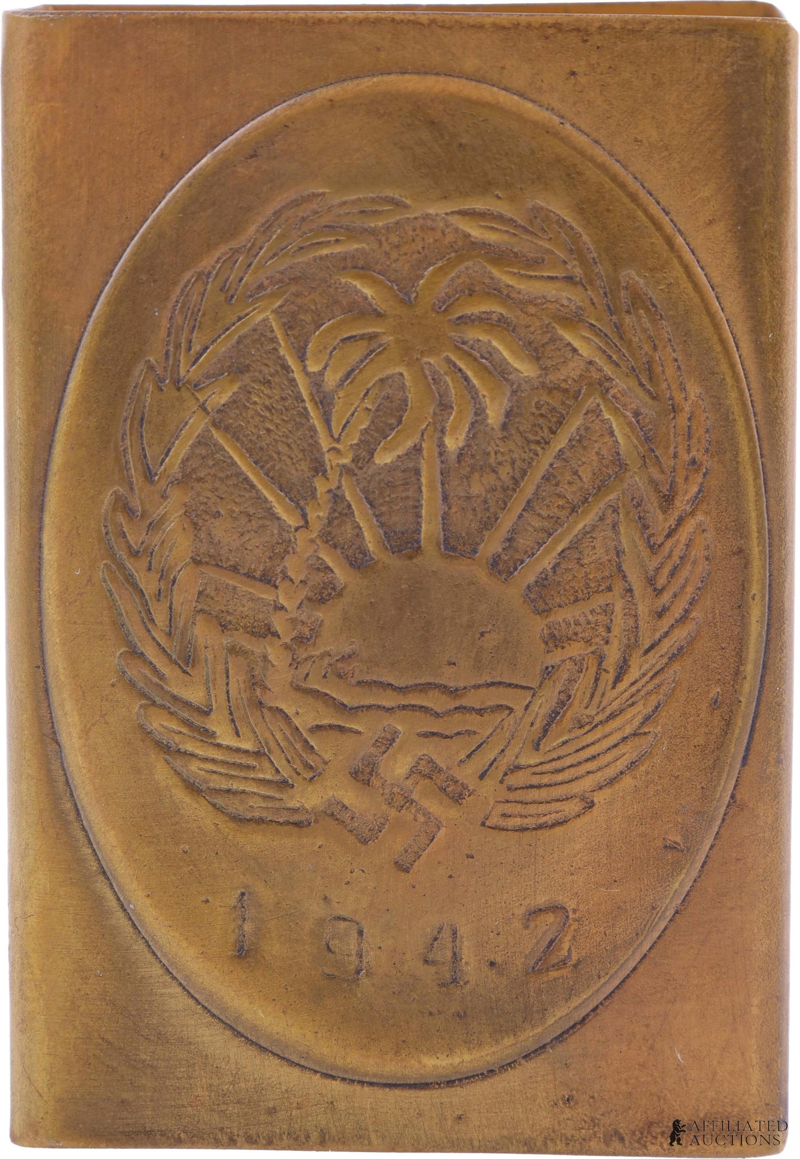 DAK Afrikakorps 1942 Propaganda Matchbox Holder: Afrika Korps propaganda matchbox holder, stamped 1942. Brass construction. Dimensions 1.5x2.25x0.75 inches.