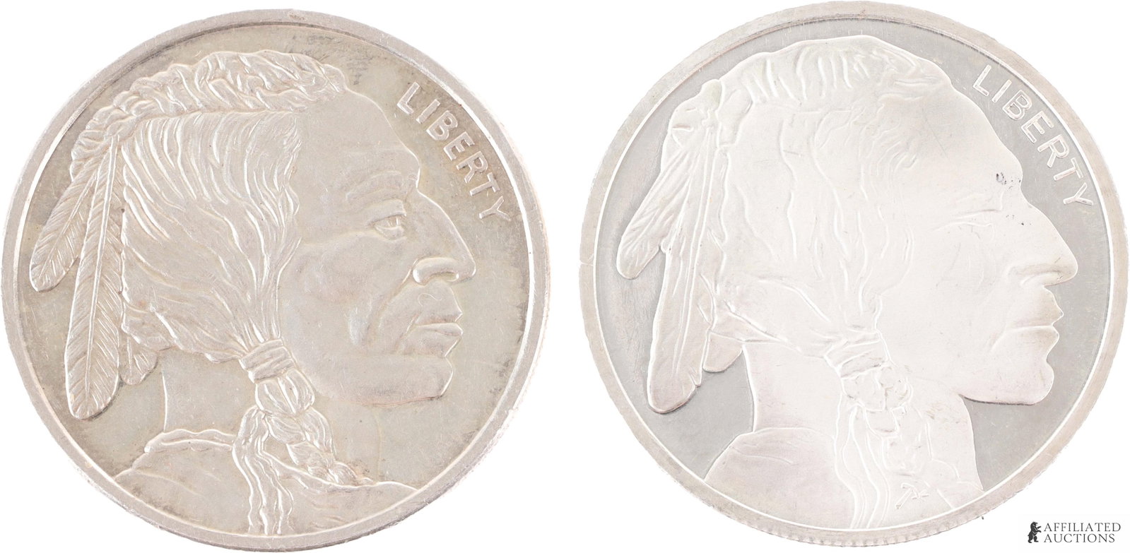 Two 1 Ozt Buffalo Nickel Round .999 Silver Lot 2: A set of two (2) 1 OZT .999 fine silver rounds with a native and buffalo design, generally associated with buffalo nickels. This lot has a reserve.