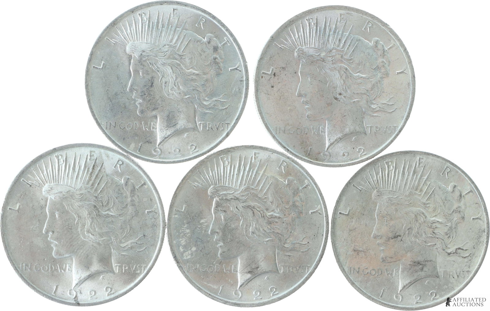 US 90% Silver Peace Dollar 1922 Lot of 5$5 Face (1 of 2)