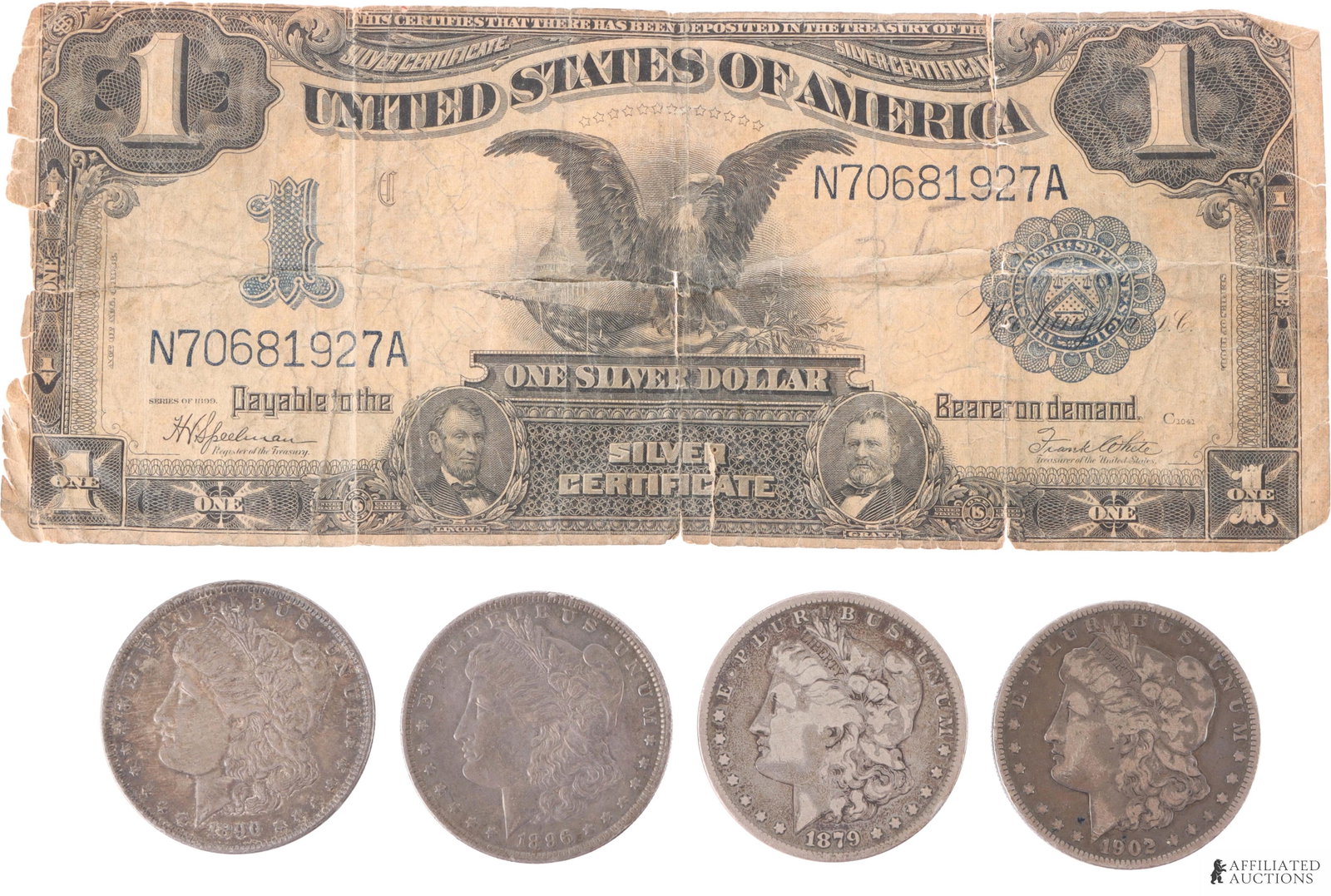 4 Morgan Dollar Silver Coins & 1899 $1 Silver Cert (1 of 2)