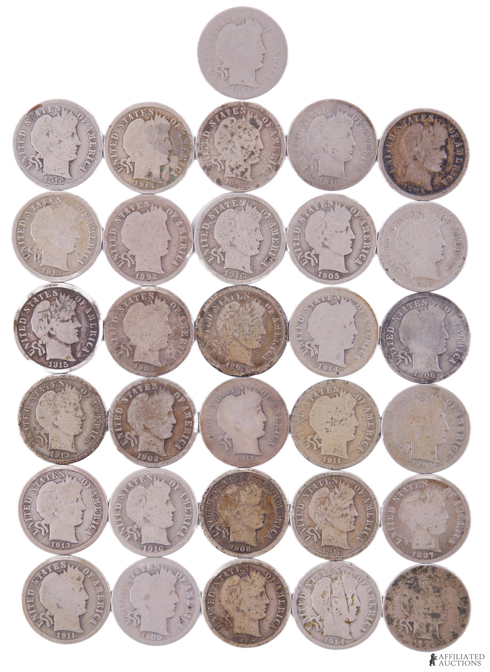 1893-1916 Barber Dime US 10c Silver Coin Lot of 31 (1 of 2)