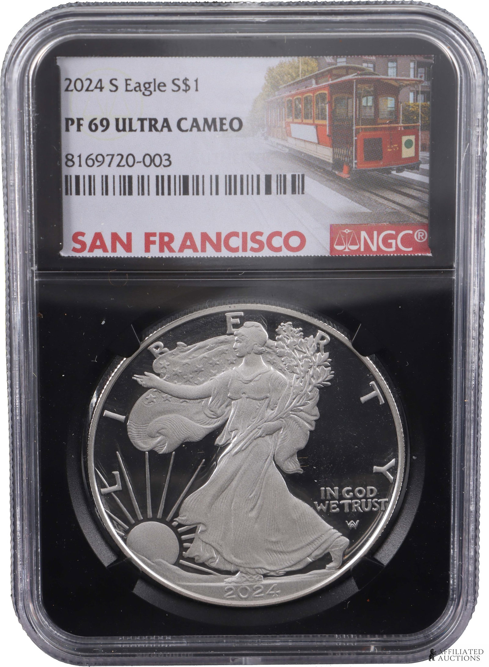 2024-S Silver Eagle Dollar Graded PF69 Ultra Cameo: A 2024-S Silver Eagle dollar, slabbed and graded PF 69 Ultra Cameo. This coin is graded by the Numismatic Grading Company and comprises of 1 ounce of .999 purity silver. | Metal: Silver | Country of O