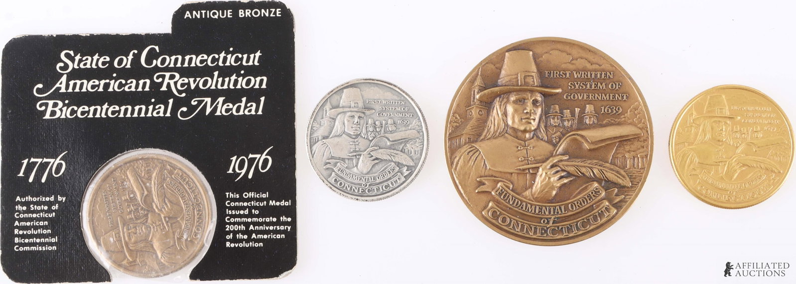 Set of Commemorative Bicentennial Medals: Set includes bronze medal 6.5cm x 6.5cm, .999 fine silver medal 4cm x 4cm, 1/20 14k gold milled medal 4cm x 4cm, bronze medal 4cm x 4cm.