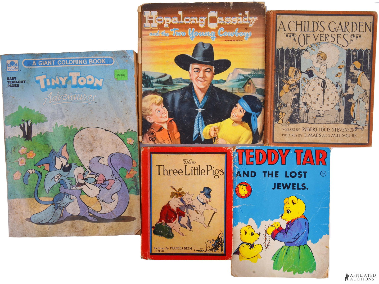 Antique Children's Books & Coloring Book Lot of 5: A lot of four antique children's books and one antique coloring book, including 1) The Three Little Pigs (1934), 2) Teddy Tar and the Lost Jewels by D. Hall (1963), 3) A Children's Garden of Verses by