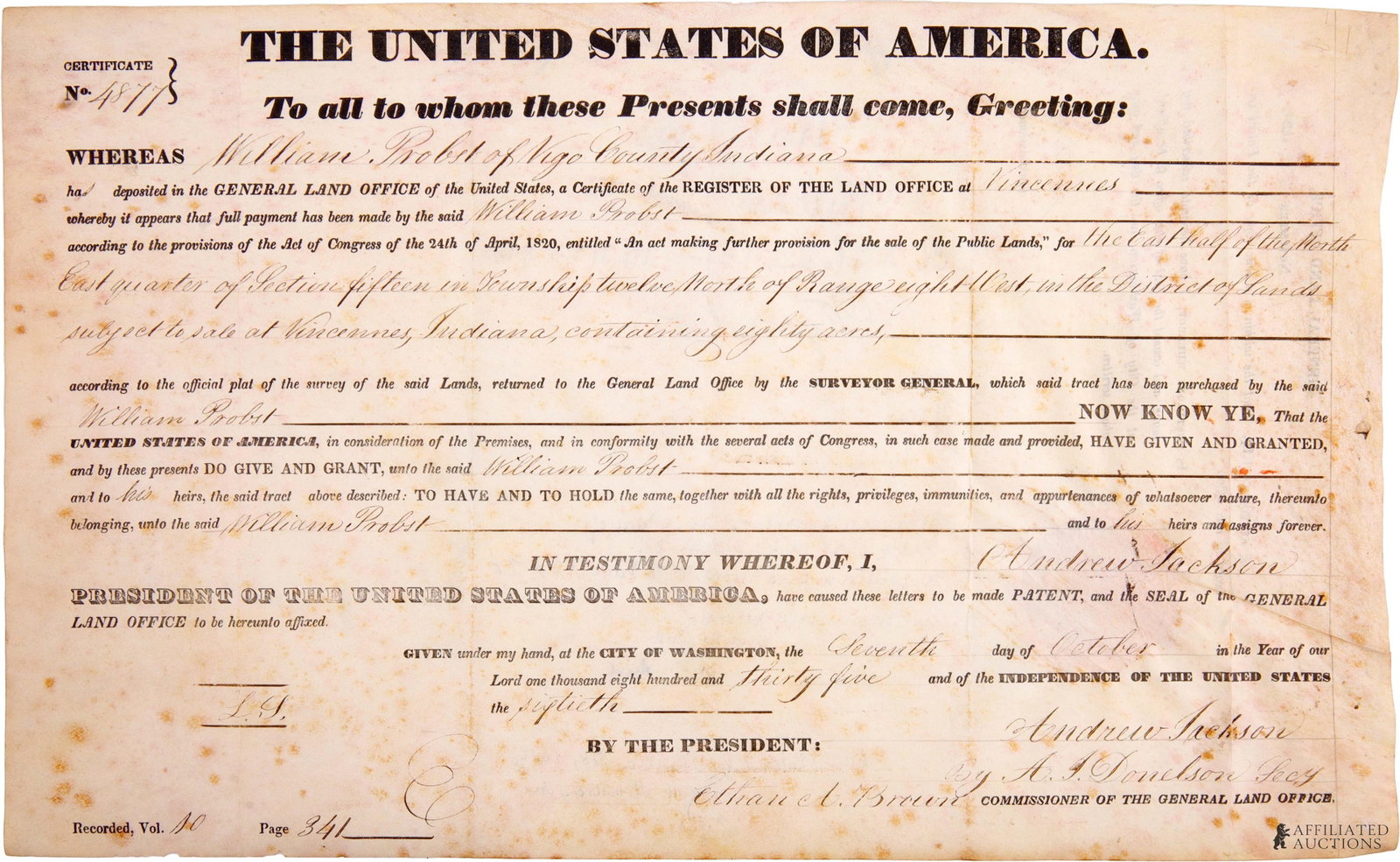 1835 Andrew Jackson Land Grant Vincennes, Indiana (1 of 10)