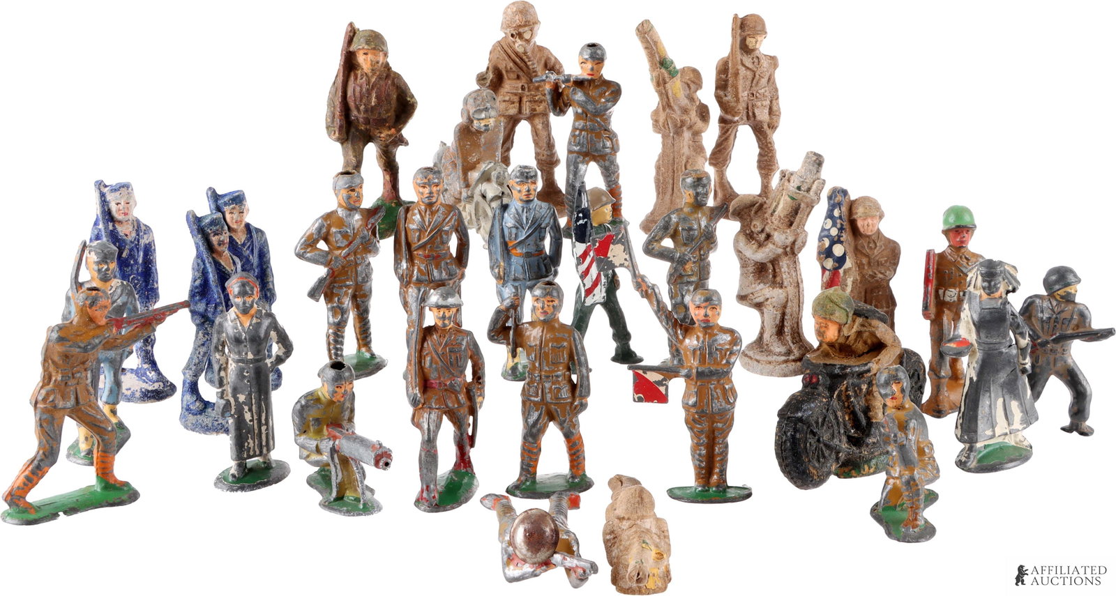 Vintage Lead Toy Soldiers Large Lot of 30 Figures: A very large lot of 30 lead toy soldiers. The majority feature no visible marks, but one motorcycle-riding figure still retains a partial mark on the base.