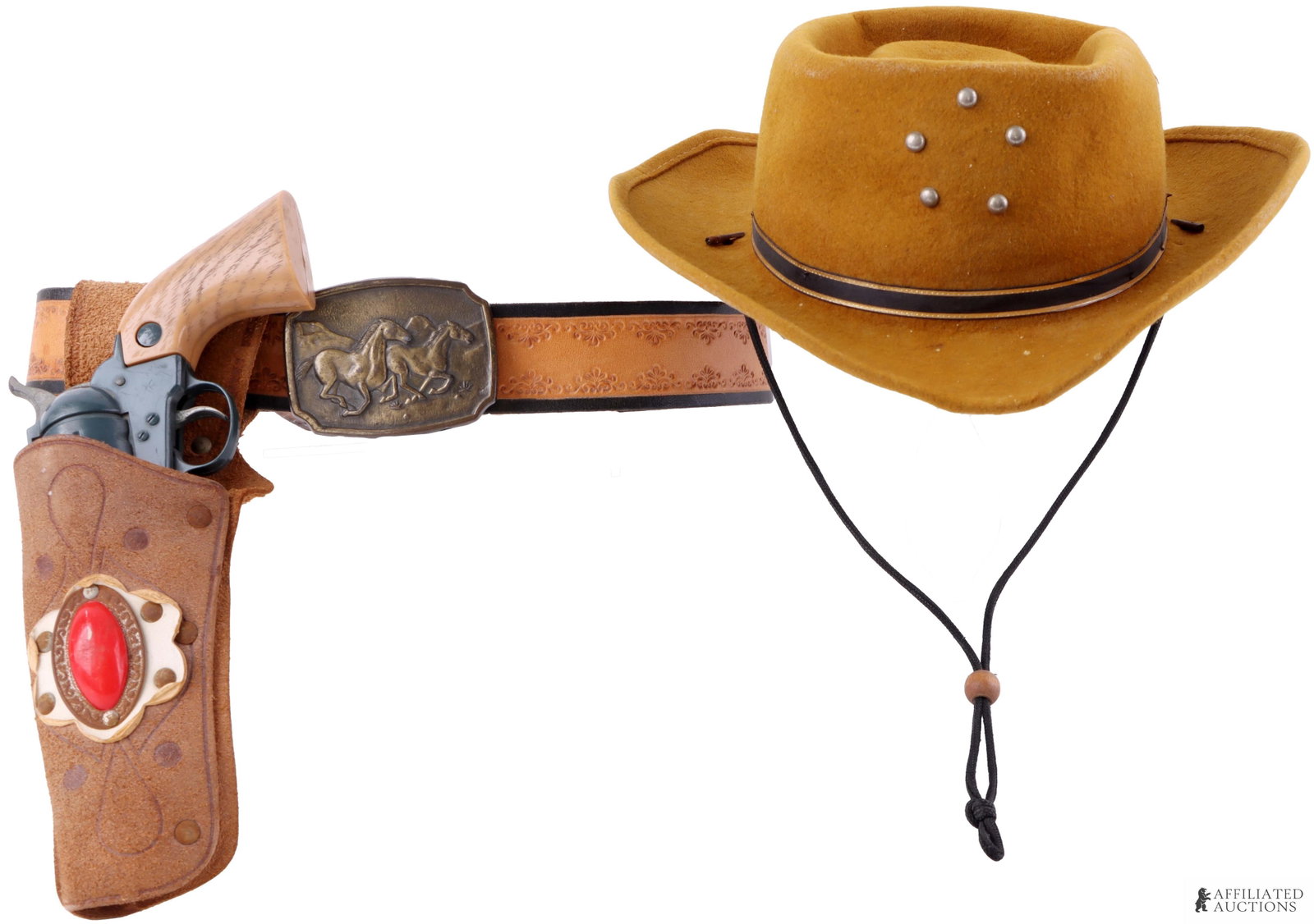 VTG Kids Western Gear Cowboy Hat Toy Gun & Belt: A vintage four-piece child's western/cowboy gear set. Includes 1) a floral-tooled belt (stamped cowhide on reverse), 2) a holster with decorative elements and metal belt buckle featuring a horse desig