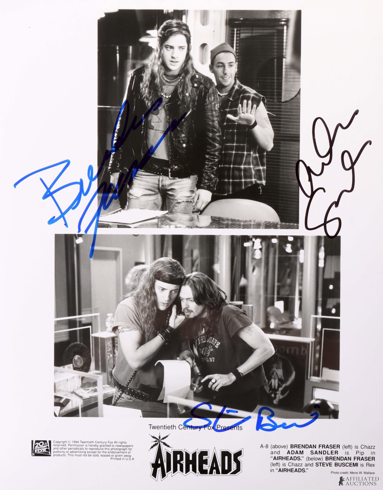 Airheads Cast Signed Photo Fraser Sandler Buscemi: A signed photo of Brendan Fraser, Adam Sandler, and Steve Buscemi from the movie Airheads. This autograph was collected for James Reeves, who used a staff of agents to acquire signatures from celebrit