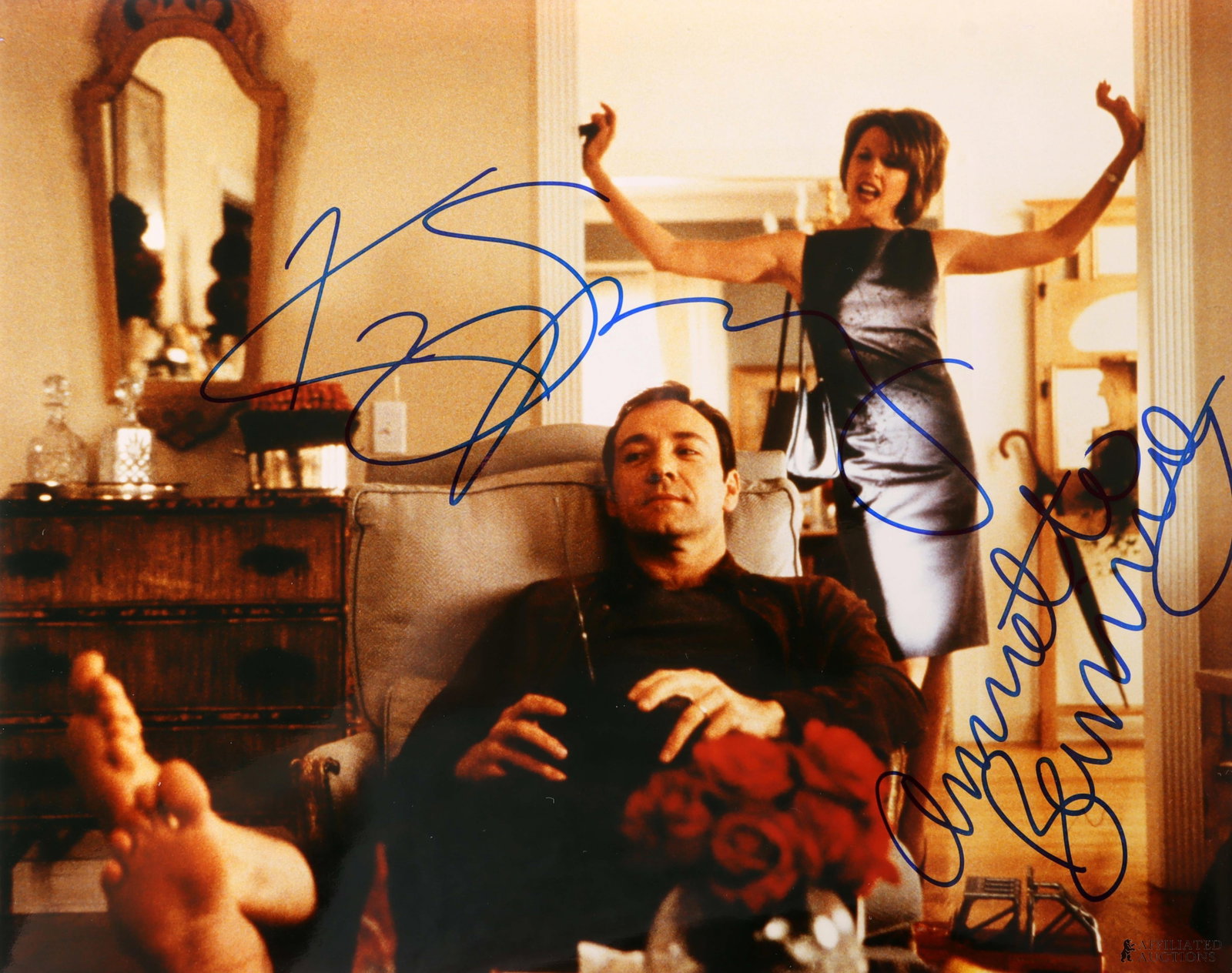 Spacey & Benning Signed Photo American Beauty: A signed photo of Kevin Spacey and Annette Benning from the film American Beauty. This autograph was collected for James Reeves, who used a staff of agents to acquire signatures from celebrities while