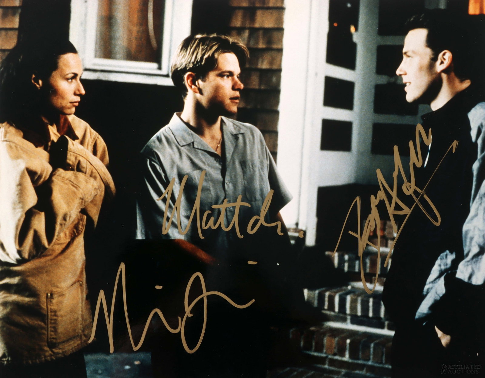 Good Will Hunting Cast Signed Photo Damon Affleck: A signed photo of the cast from Good Will Hunting. Signatures include Matt Damon, Ben Affleck, and Minnie Driver. This autograph was collected for James Reeves, who used a staff of agents to acquire s