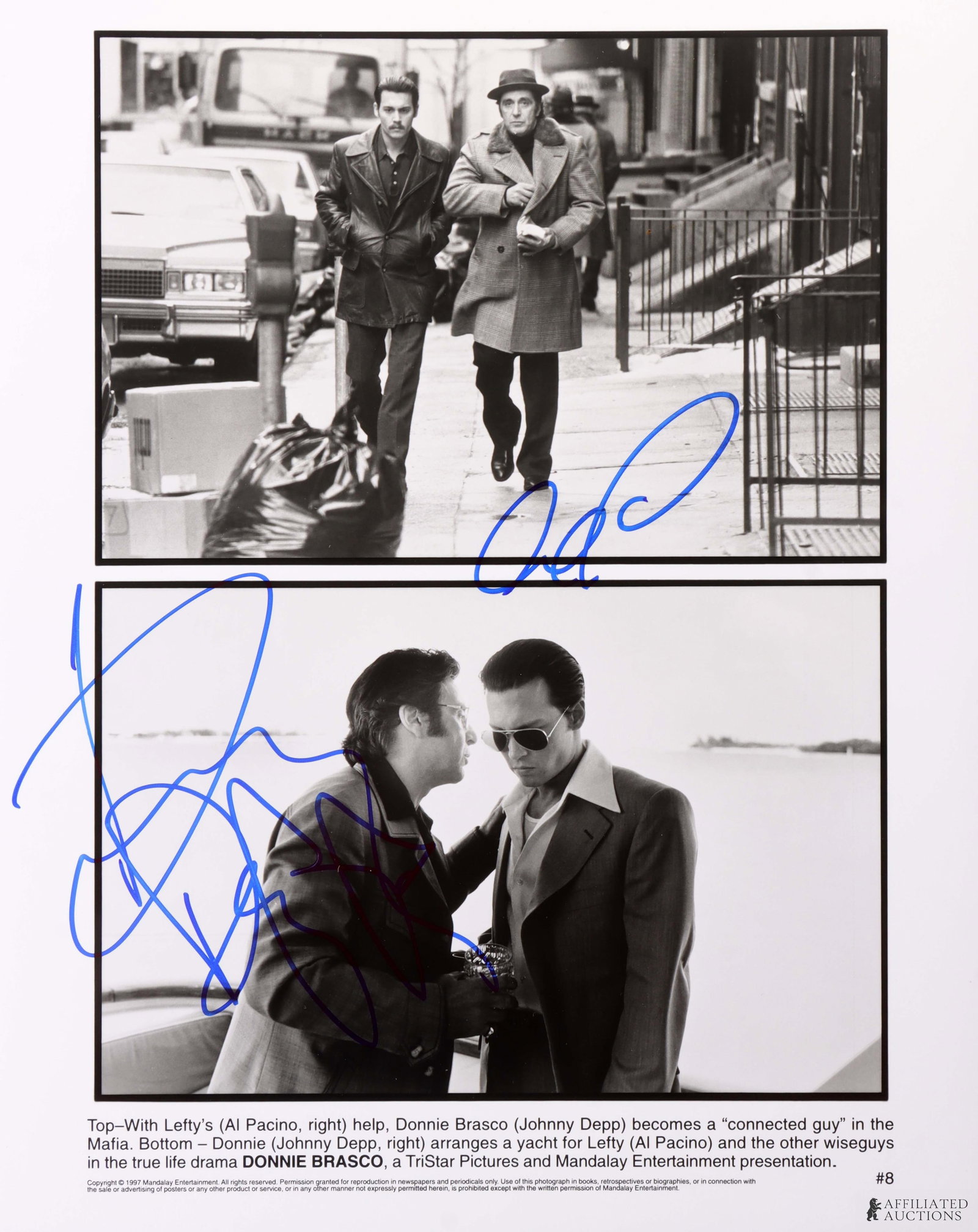 Donnie Brasco Signed Photo Al Pacino Johnny Depp: A set of scenes from the film Donnie Brasco, signed by Al Pacino and Johnny Depp. This autograph was collected for James Reeves, who used a staff of agents to acquire signatures from celebrities while